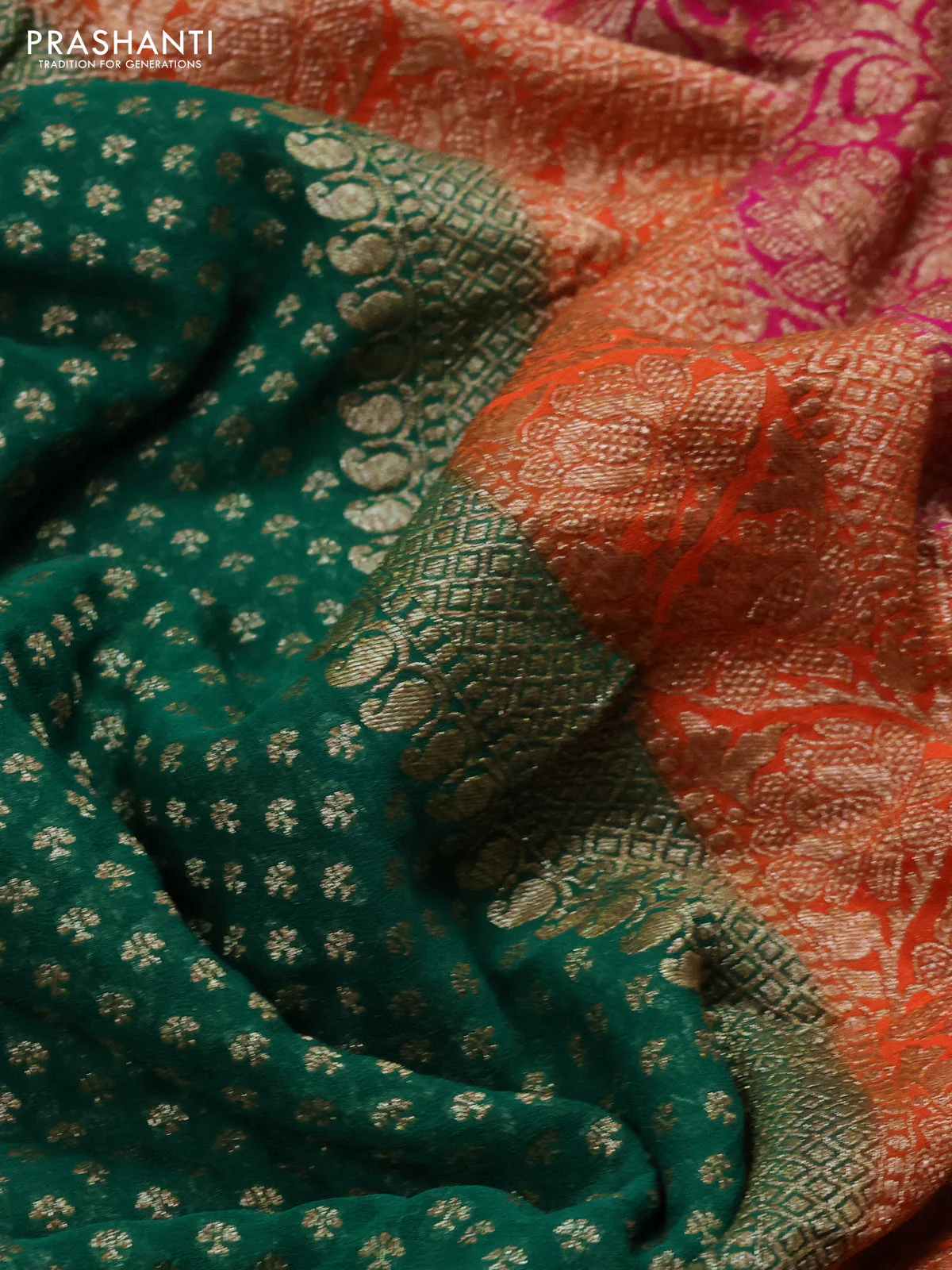 Banarasi georgette saree green and orange green with allover thread & zari woven buttas and long woven border - Image 3