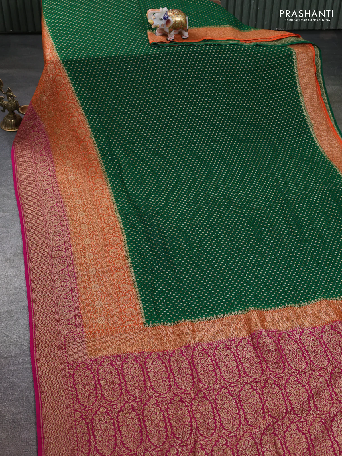 Banarasi georgette saree green and orange pink with allover thread & zari woven buttas and long woven border - Image 2
