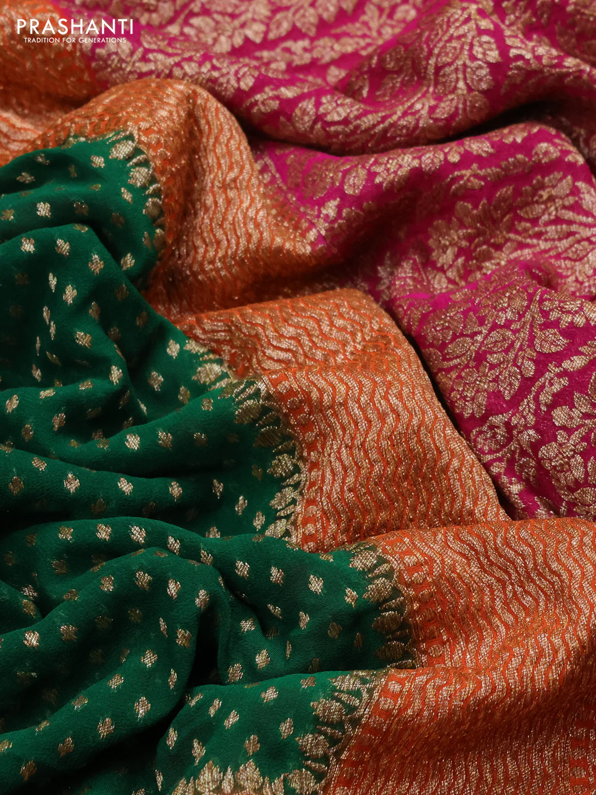 Banarasi georgette saree green and orange pink with allover thread & zari woven buttas and long woven border - Image 3