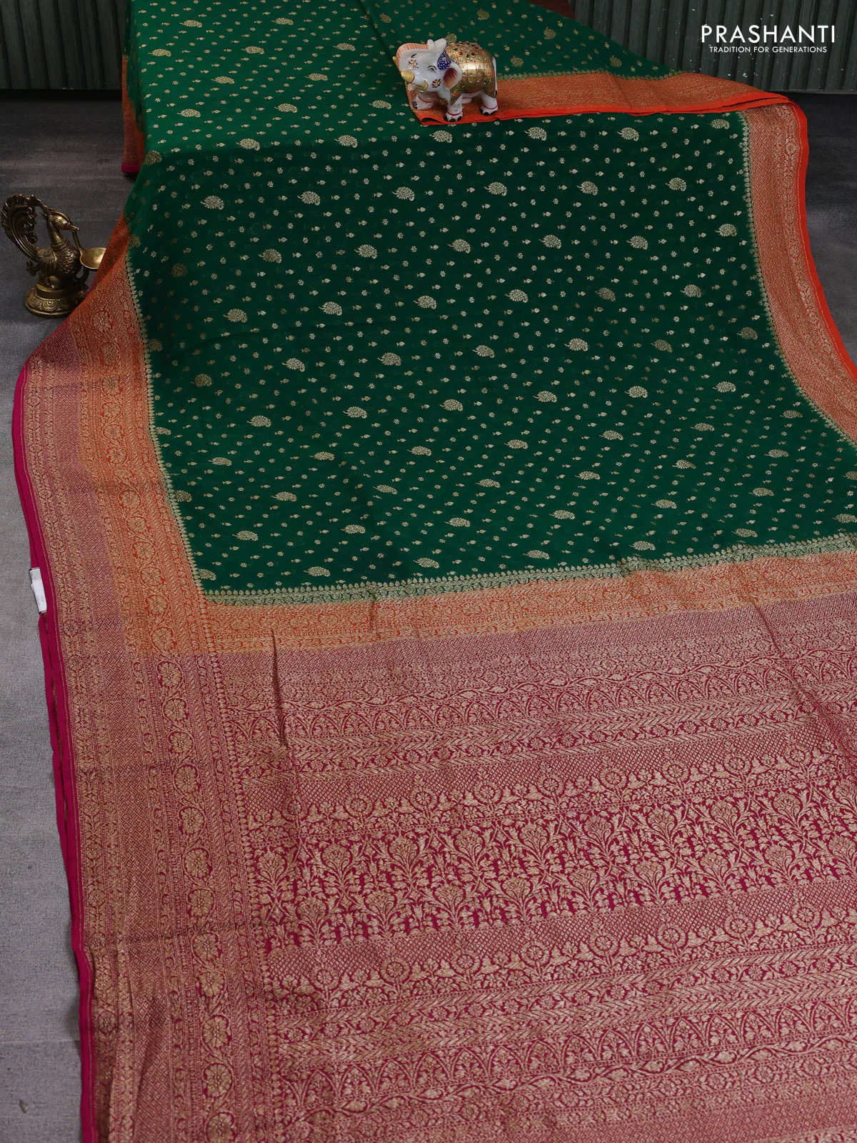 Banarasi georgette saree green and orange pink with allover thread & zari woven buttas and woven border - Image 2