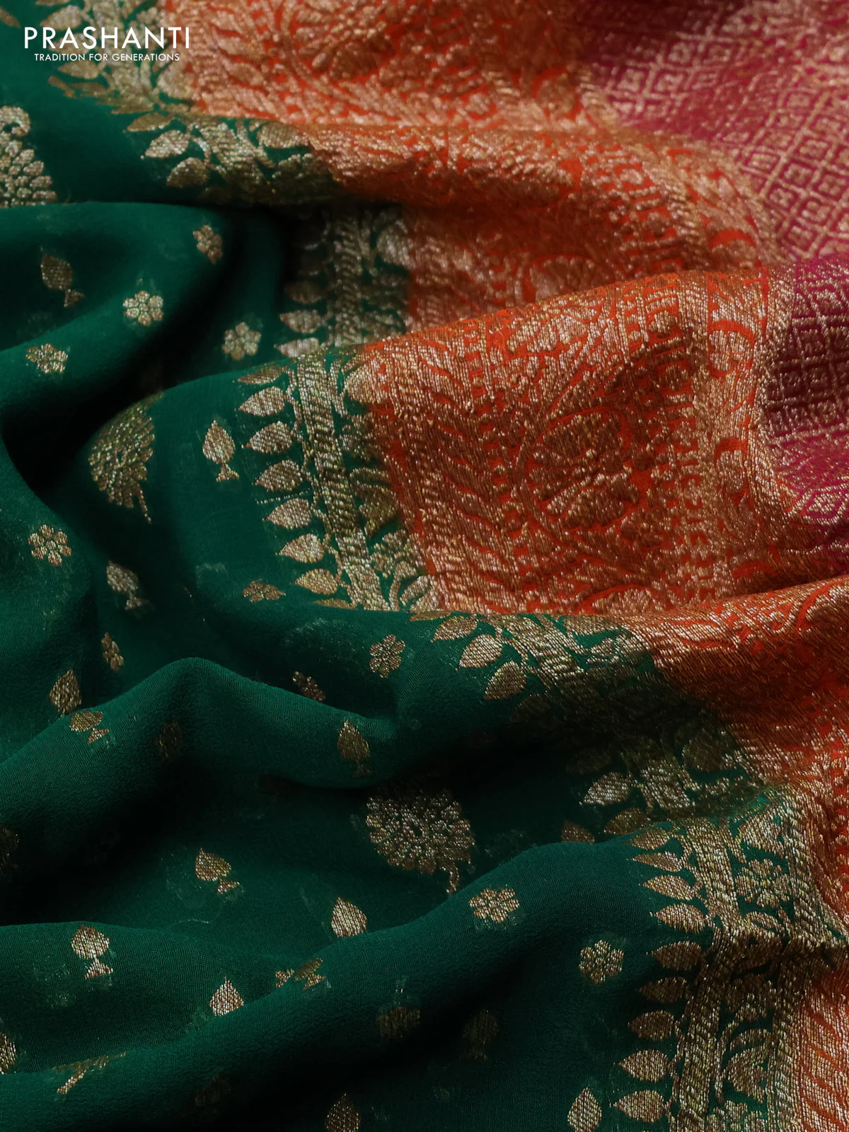 Banarasi georgette saree green and orange pink with allover thread & zari woven buttas and woven border - Image 3