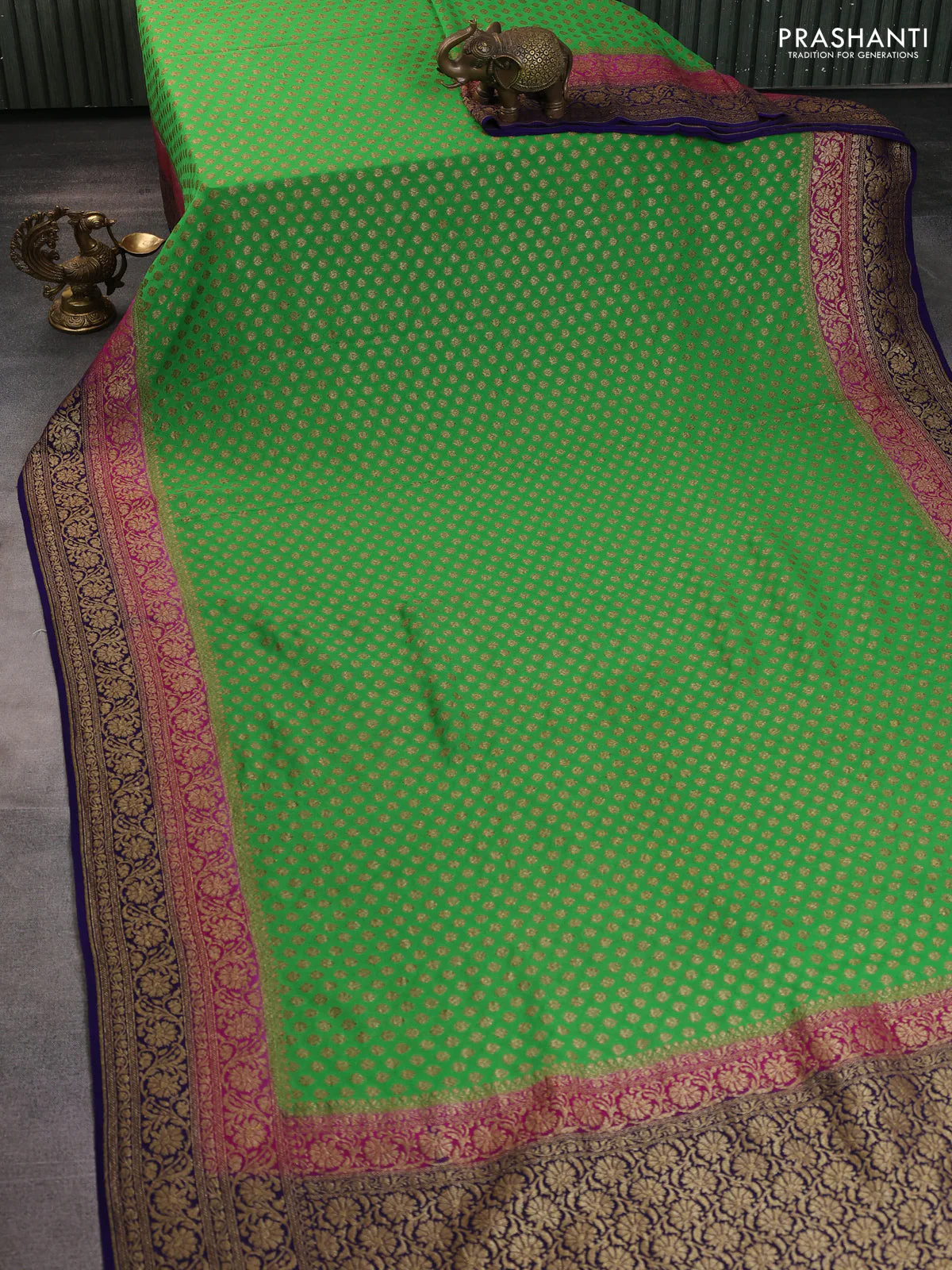 Banarasi georgette saree green and pink blue with allover thread & zari woven buttas and woven border - Image 2