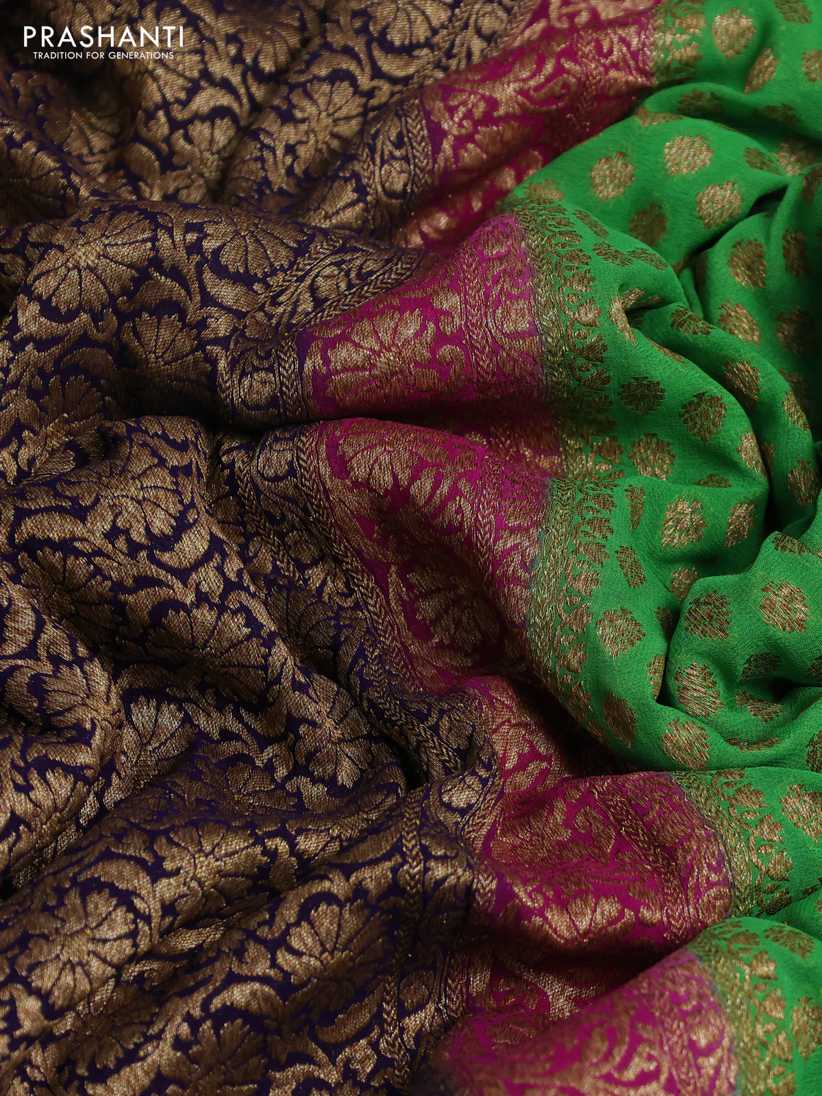 Banarasi georgette saree green and pink blue with allover thread & zari woven buttas and woven border - Image 3