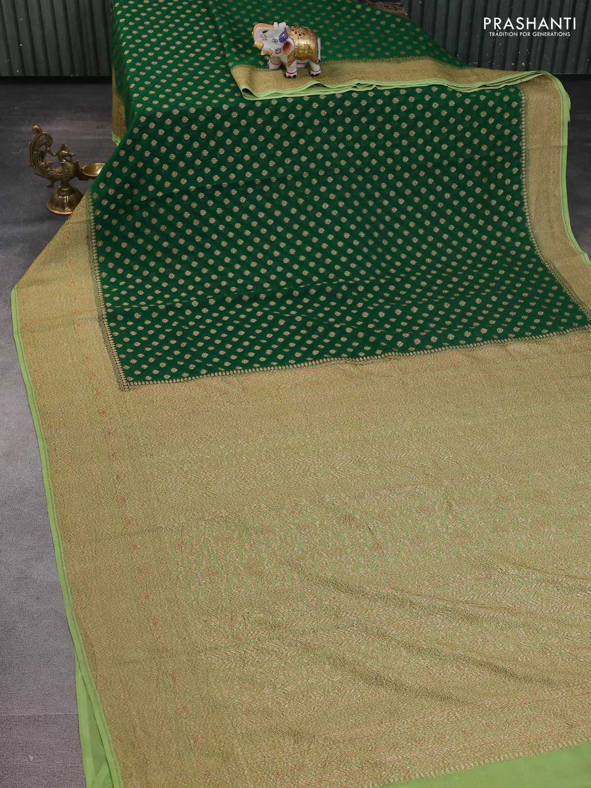 Banarasi georgette saree green and pista green with allover woven buttas and woven border - Image 2