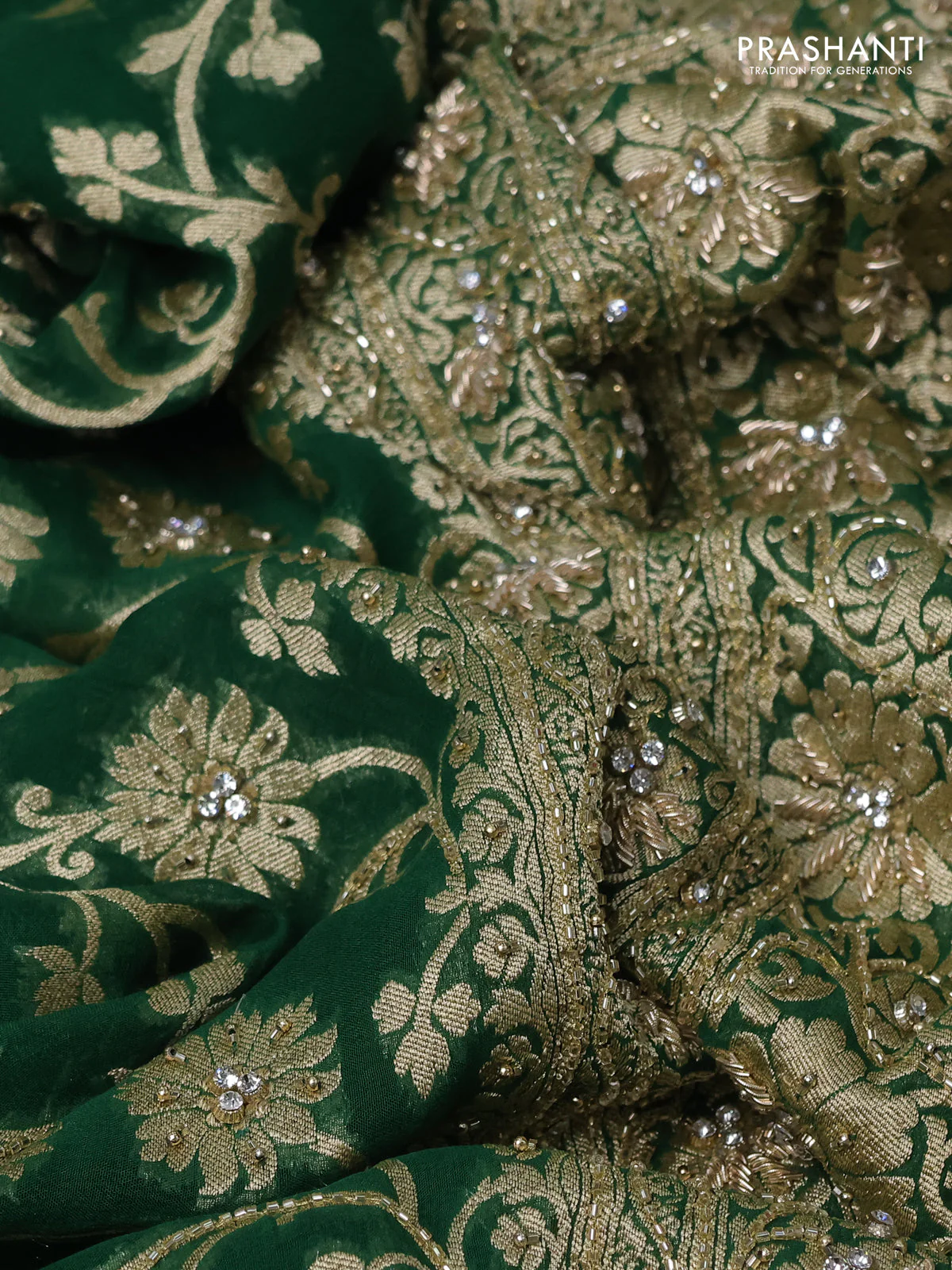 Banarasi georgette saree green with allover jaal weaves & stone work and zardosi work border - Image 3