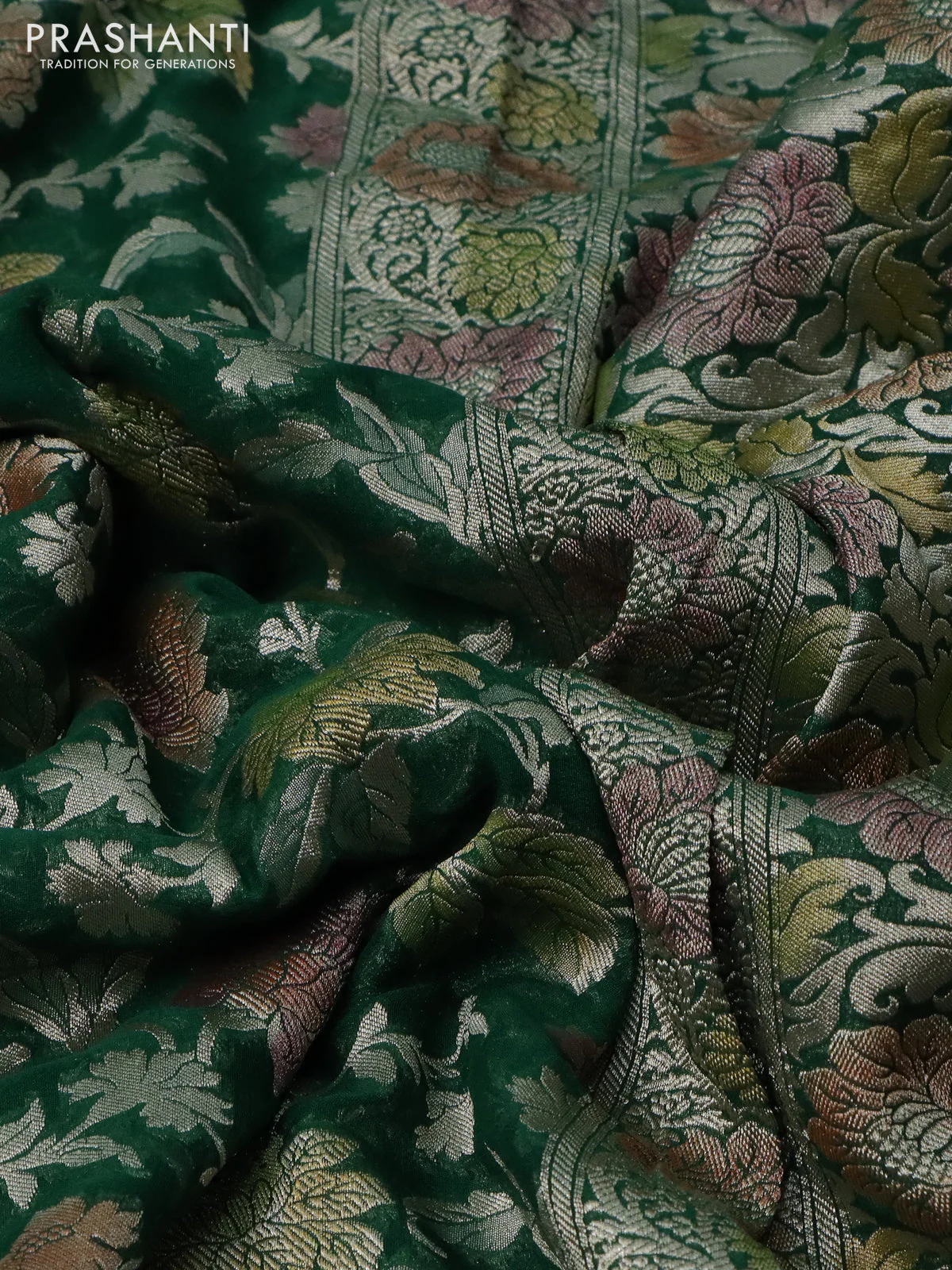 Banarasi georgette saree green with allover thread & zari floral weaves and woven border - Image 3