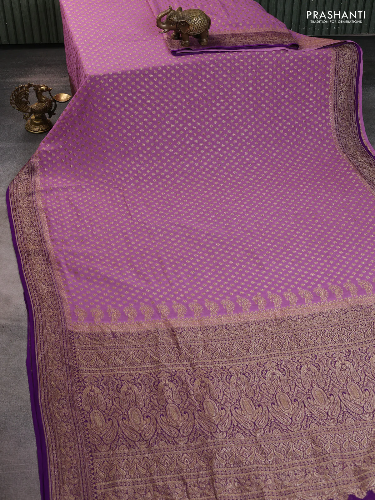 Banarasi georgette saree lavender and purple with allover thread & zari woven buttas and woven border - Image 2