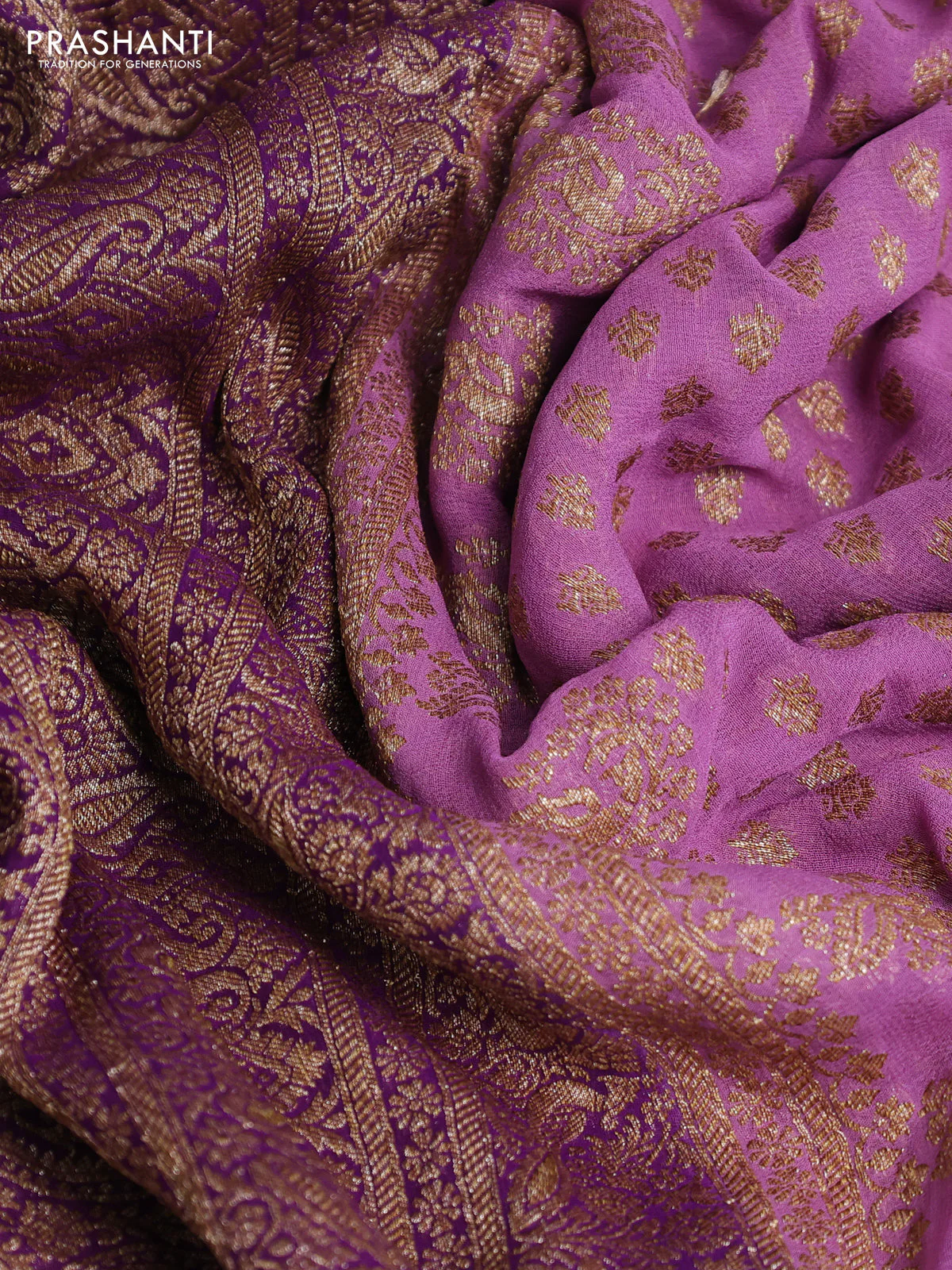 Banarasi georgette saree lavender and purple with allover thread & zari woven buttas and woven border - Image 3
