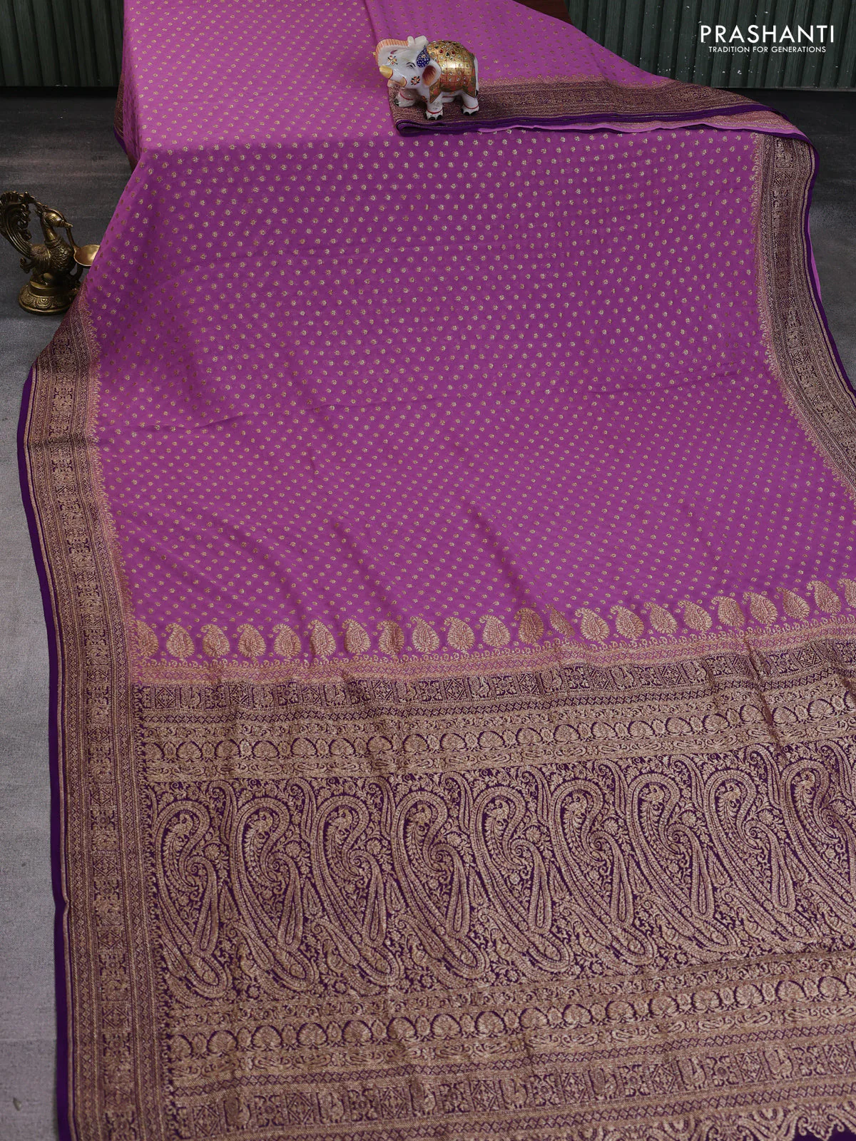 Banarasi georgette saree lavender and violet with allover thread & zari woven buttas and woven border - Image 2