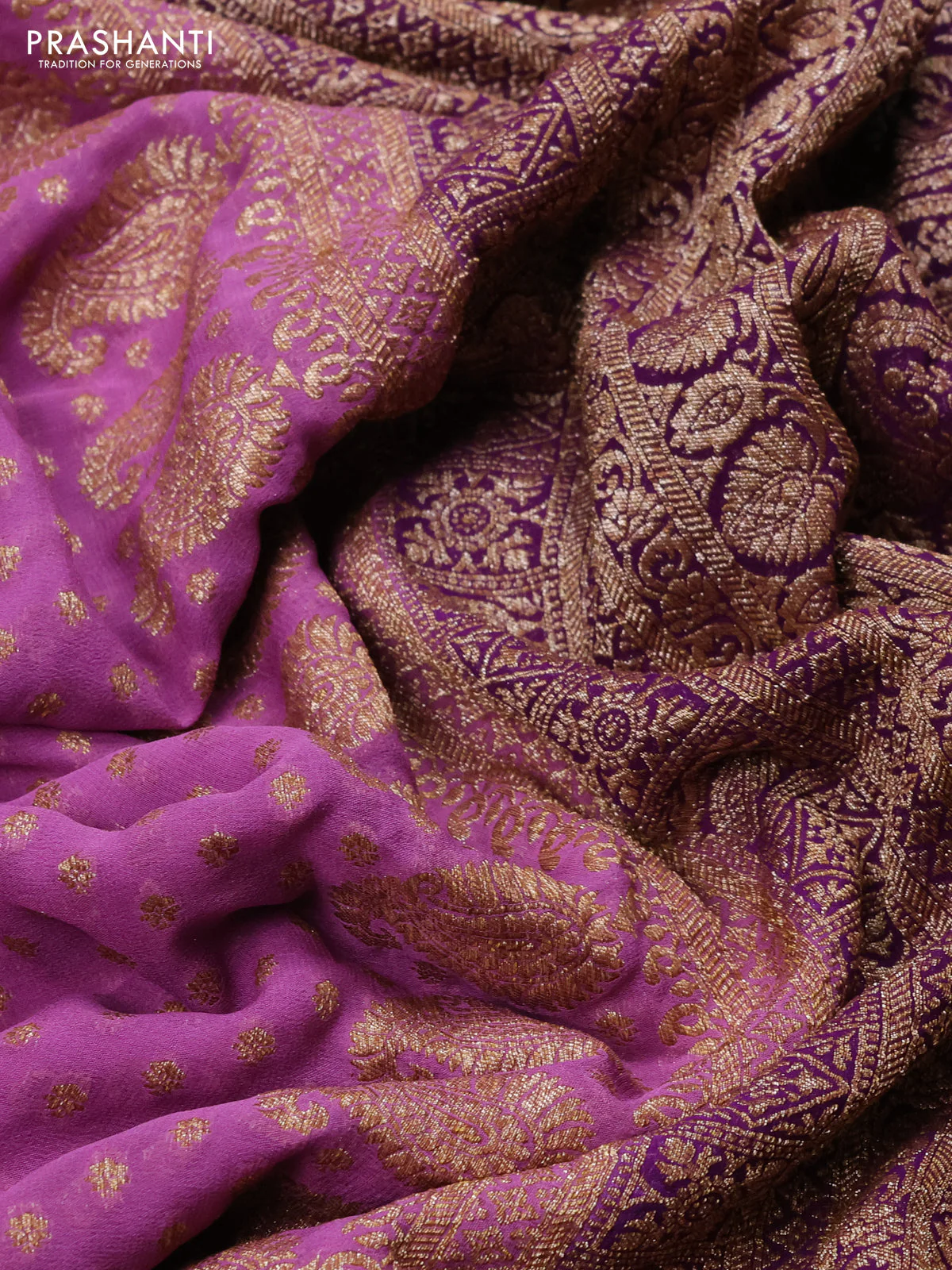 Banarasi georgette saree lavender and violet with allover thread & zari woven buttas and woven border - Image 3