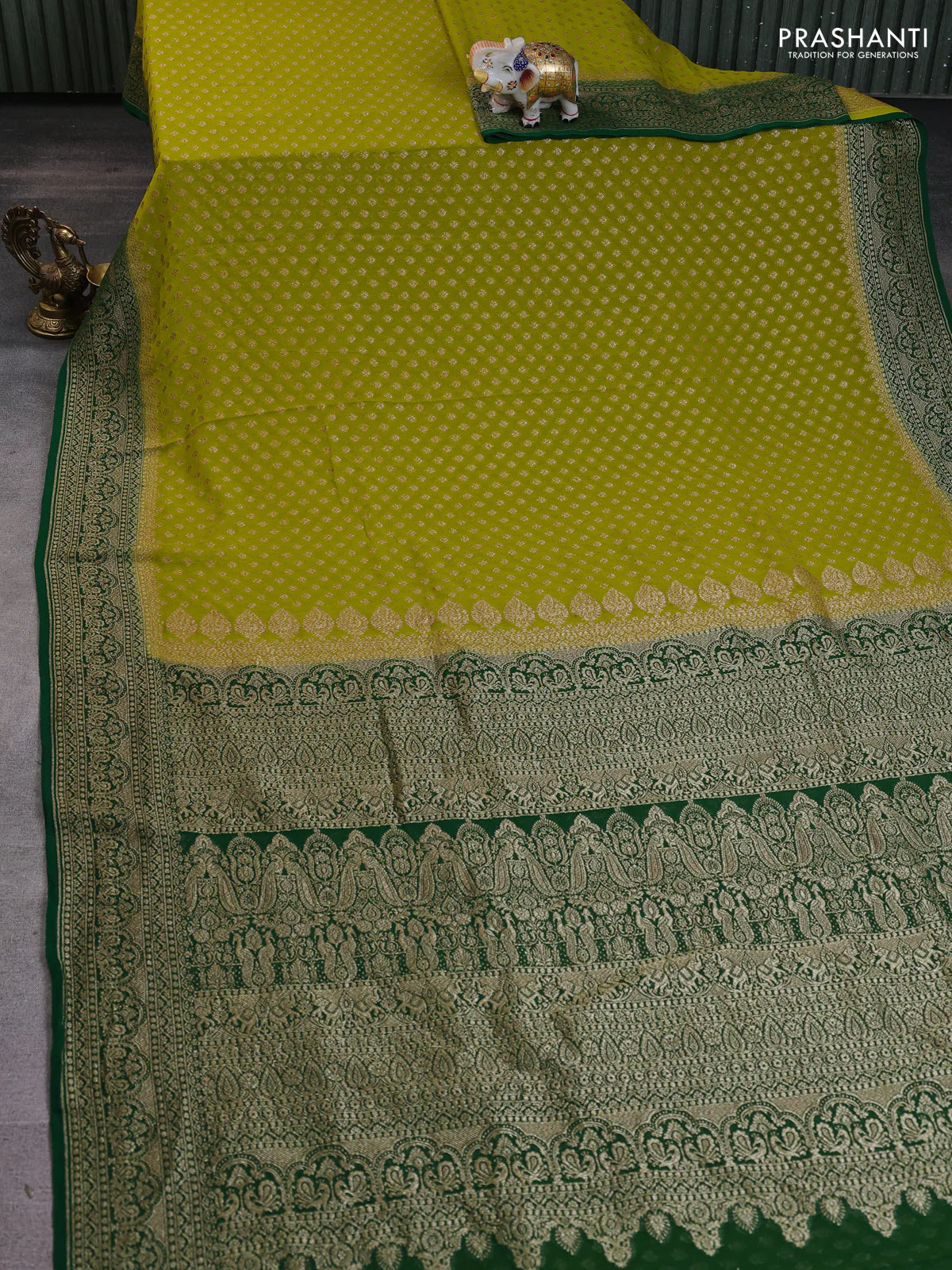 Banarasi georgette saree lime green and green with allover thread & zari weaves and woven border - Image 2