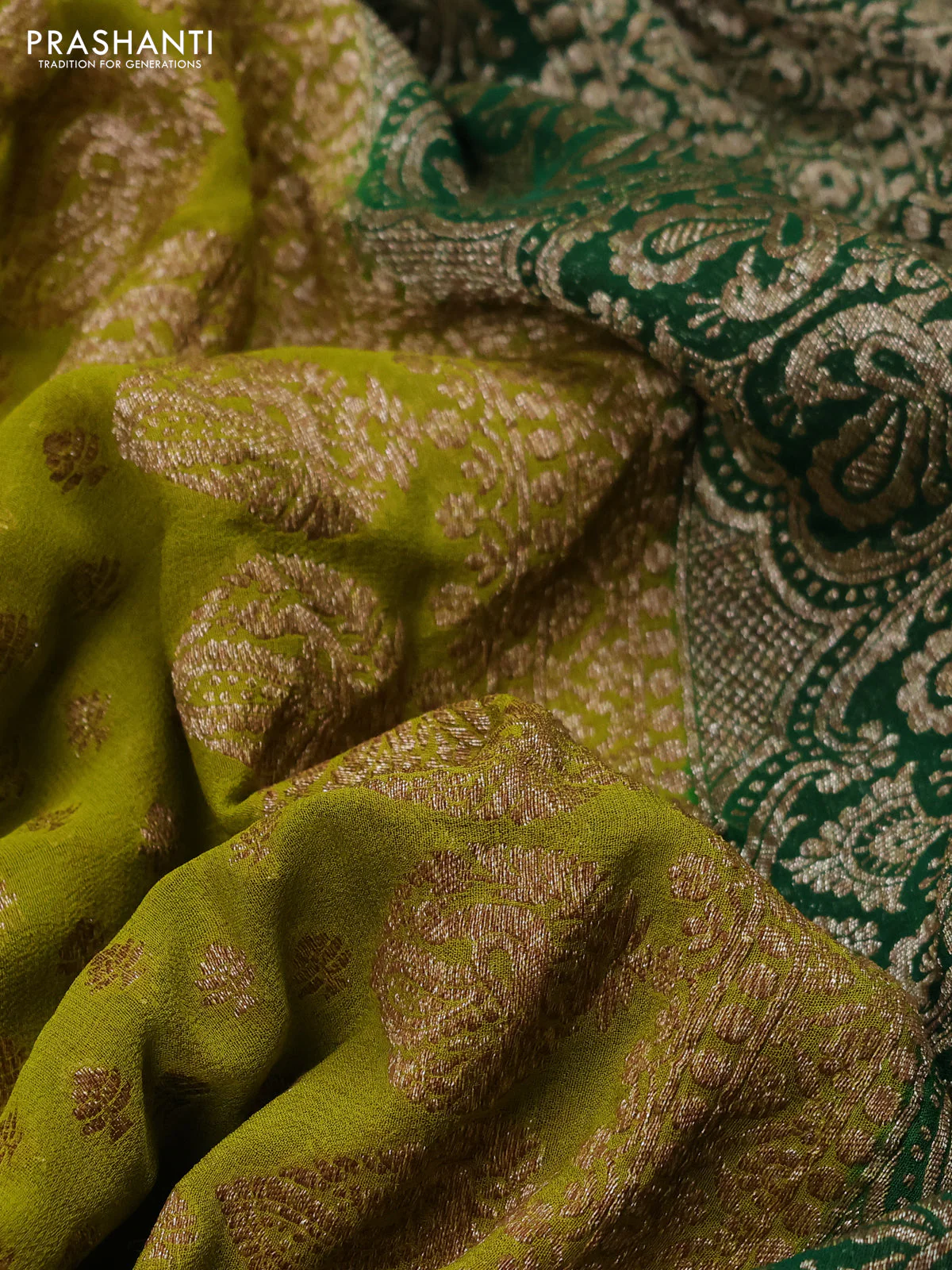 Banarasi georgette saree lime green and green with allover thread & zari weaves and woven border - Image 3