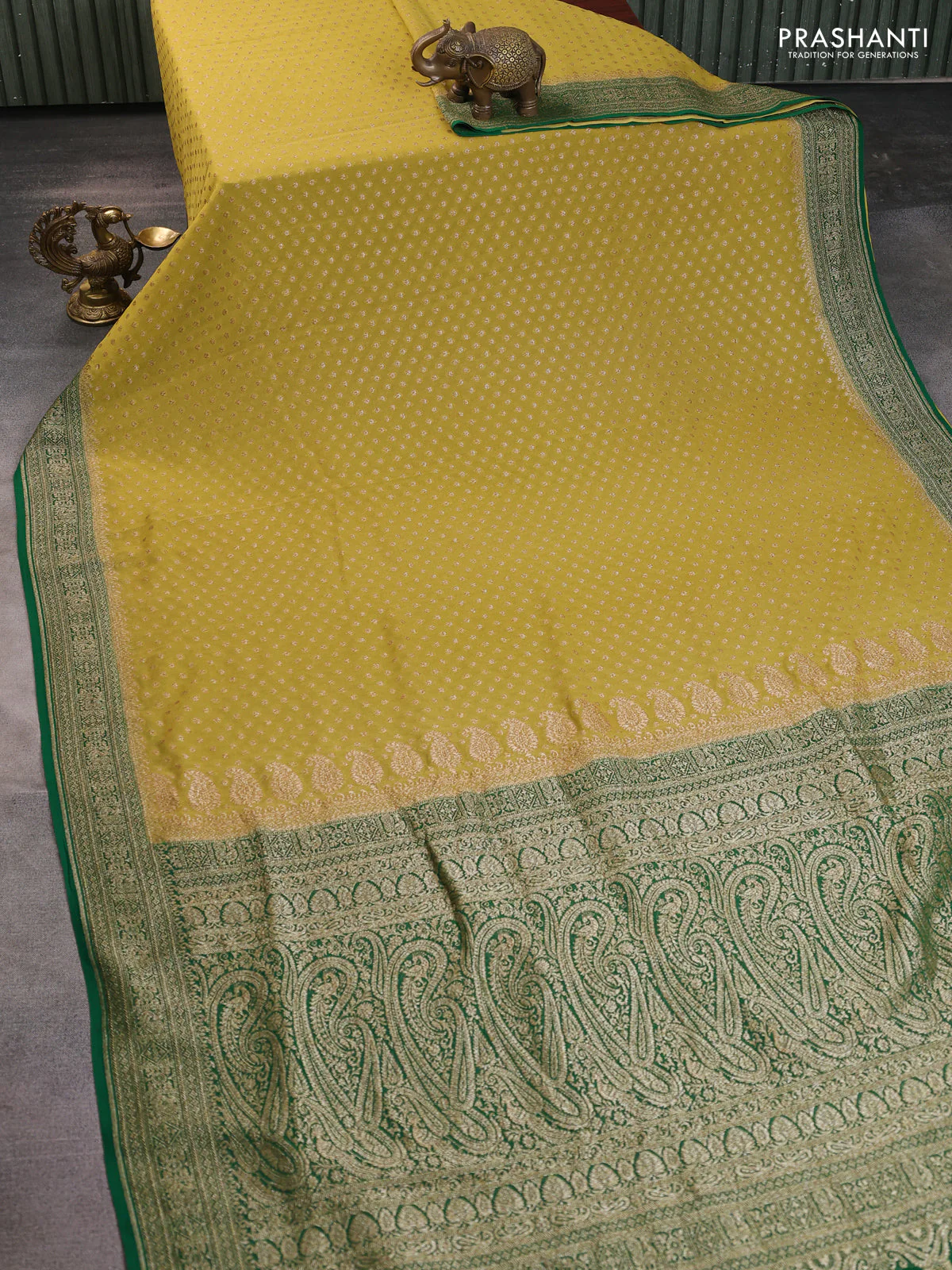 Banarasi georgette saree lime green and green with allover thread & zari woven buttas and woven border - Image 2