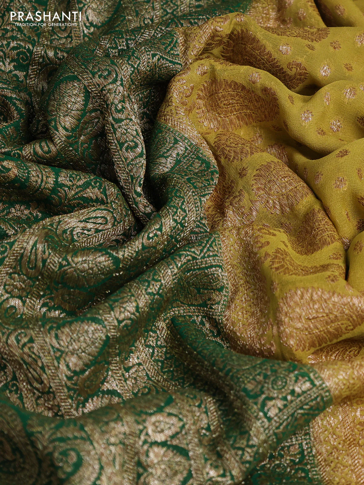 Banarasi georgette saree lime green and green with allover thread & zari woven buttas and woven border - Image 3