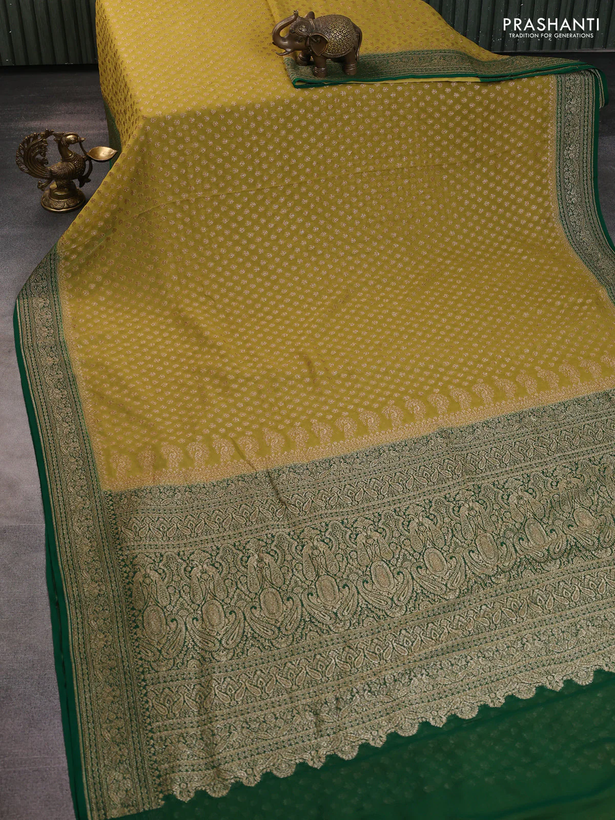 Banarasi georgette saree lime green shade and green with allover thread & zari woven buttas and woven border - Image 2