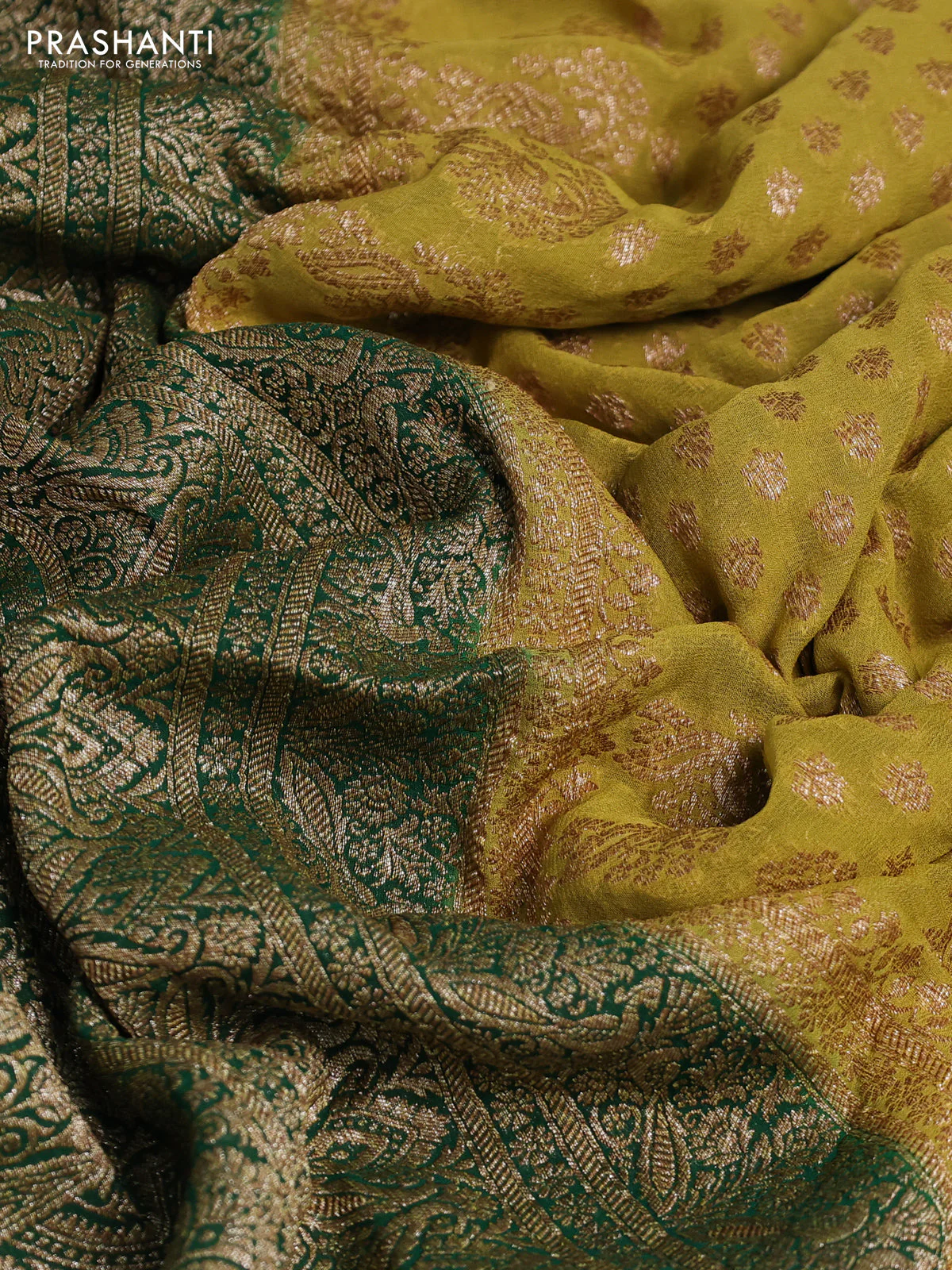 Banarasi georgette saree lime green shade and green with allover thread & zari woven buttas and woven border - Image 3