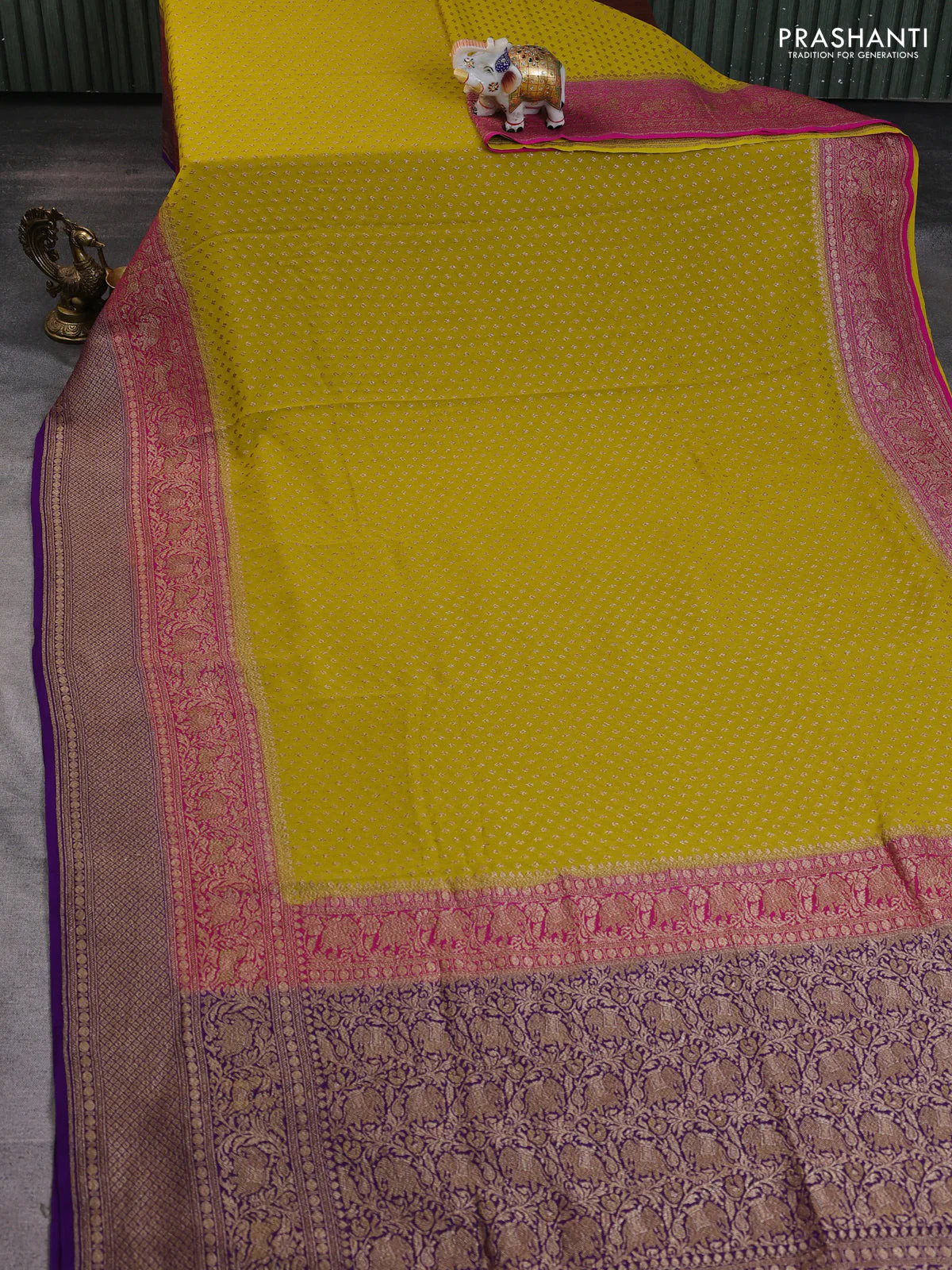 Banarasi georgette saree lime yellow and pink violet with allover thread & zari woven buttas and long woven border - Image 2