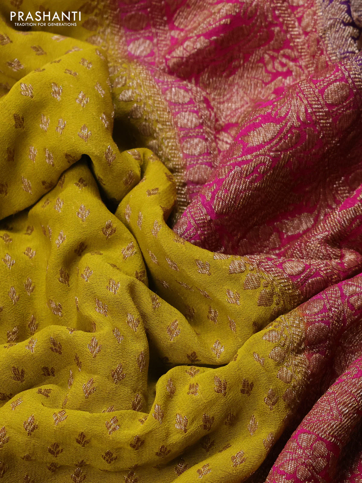 Banarasi georgette saree lime yellow and pink violet with allover thread & zari woven buttas and long woven border - Image 3
