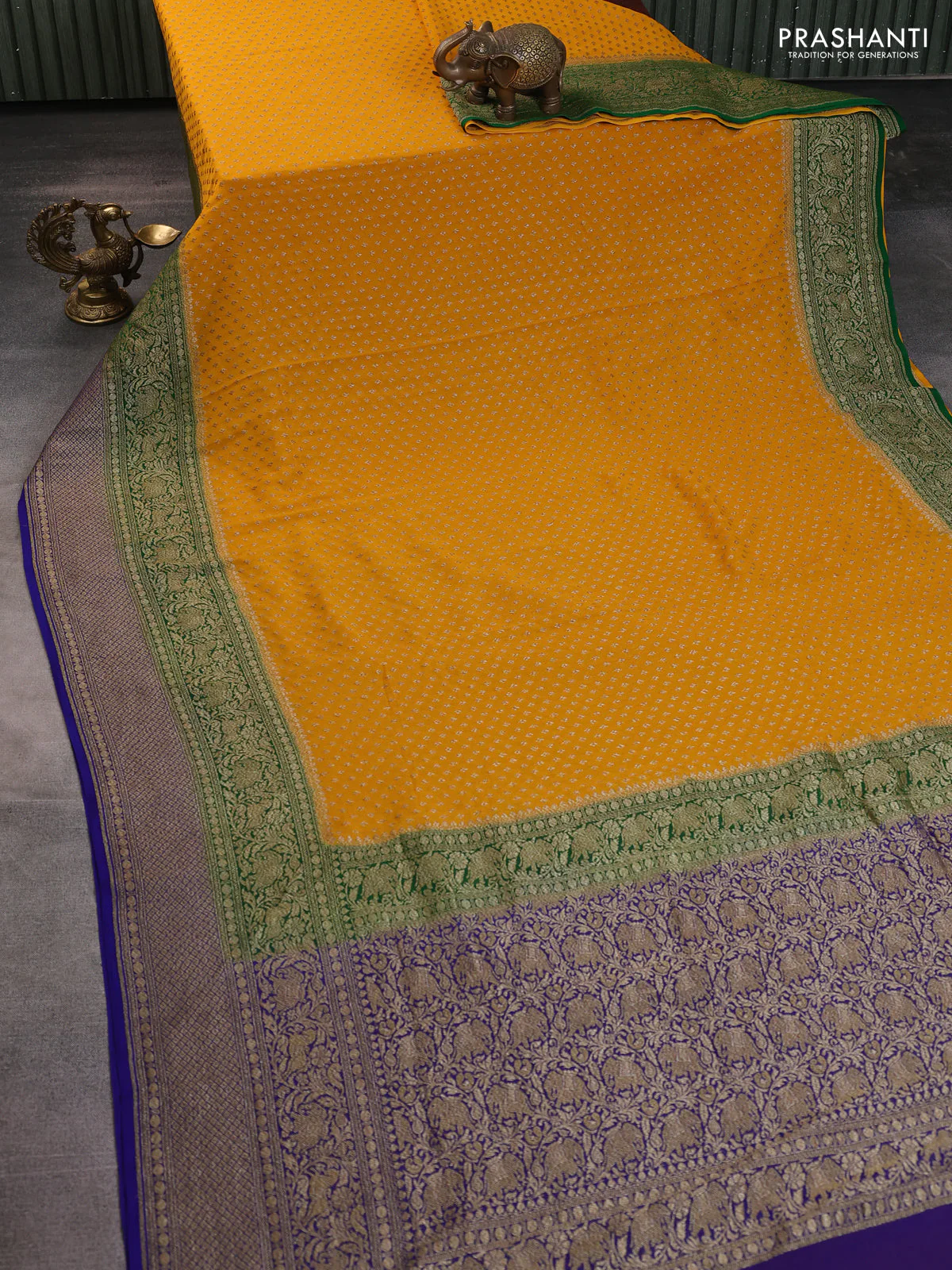 Banarasi georgette saree mango yellow and green blue with allover thread & zari woven buttas and long woven border - Image 2