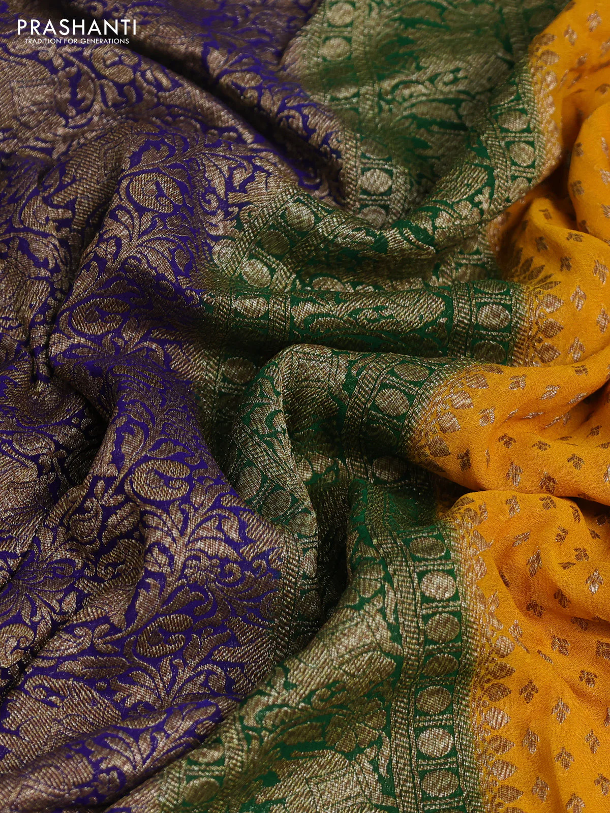 Banarasi georgette saree mango yellow and green blue with allover thread & zari woven buttas and long woven border - Image 3