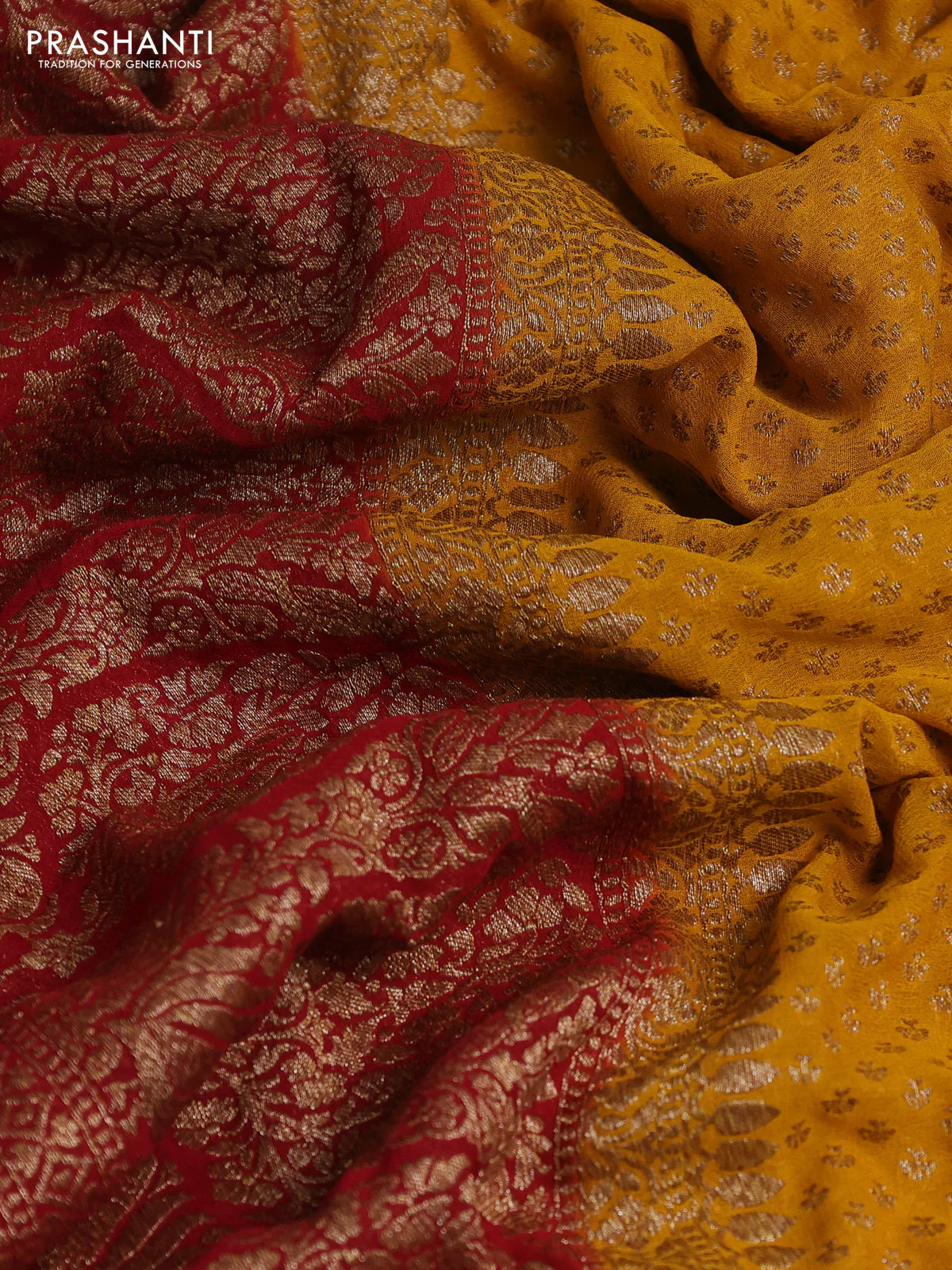 Banarasi georgette saree mango yellow and kumkum red with allover thread & zari woven buttas and woven border - Image 3
