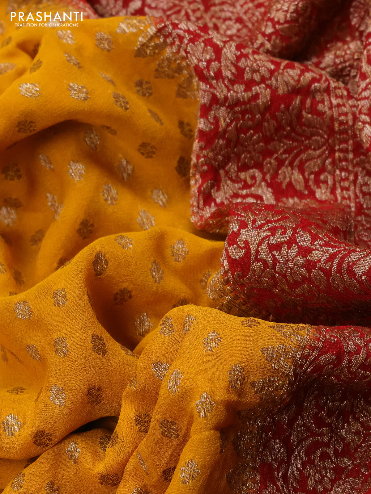 Banarasi georgette saree mango yellow and red with allover thread & zari woven leheriya pattern and woven border - Image 3