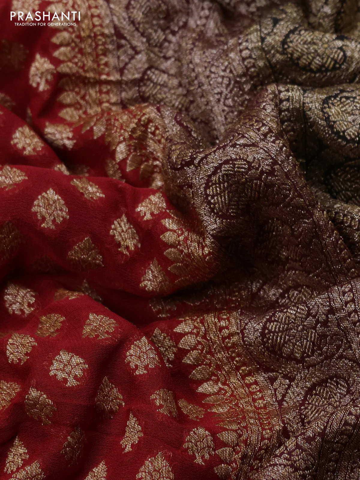 Banarasi georgette saree maroon and black with allover thread & zari woven buttas and woven border - Image 3