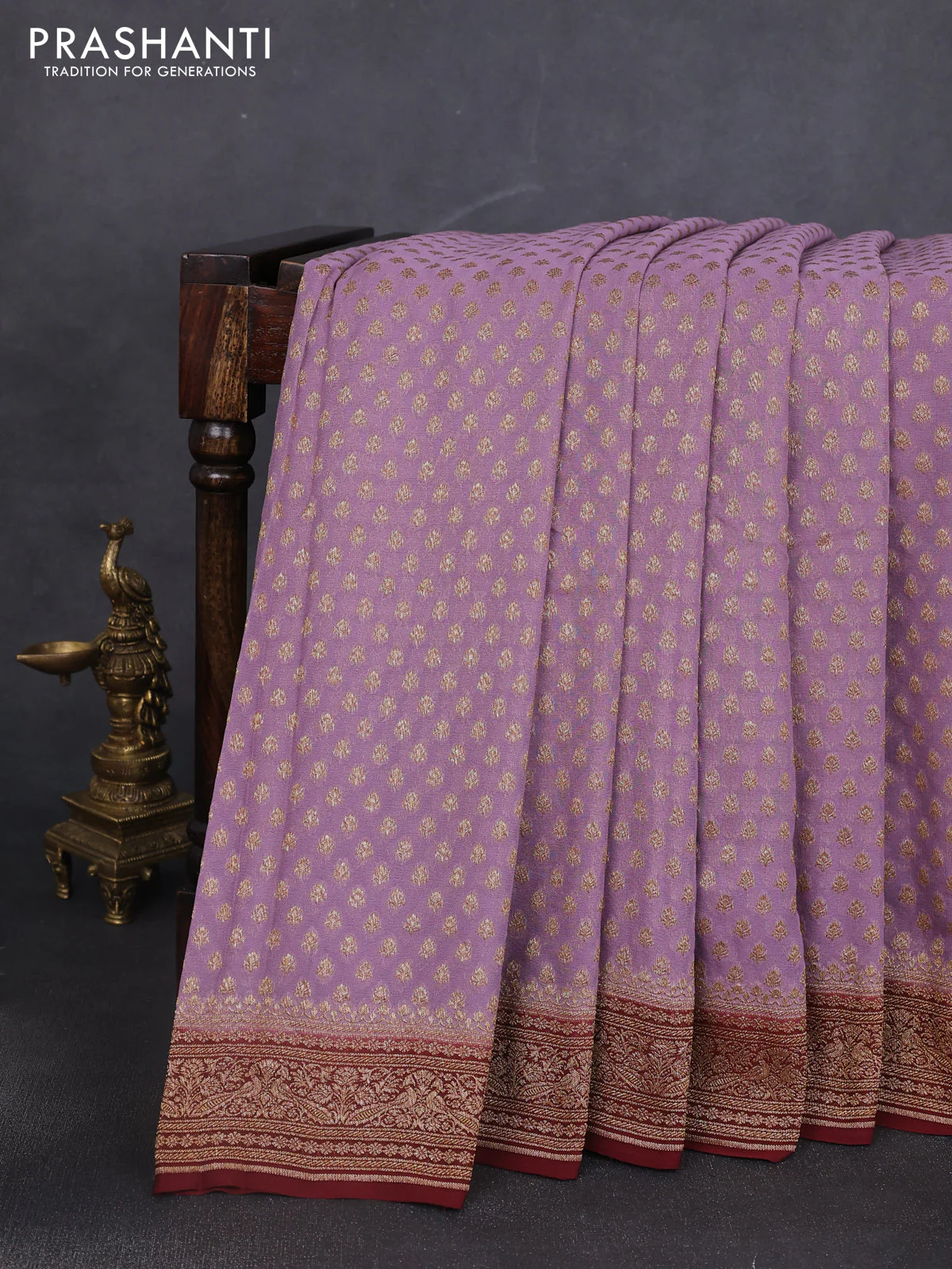 Banarasi georgette saree mild lavender and deep maroon with allover thread & zari woven buttas and woven border