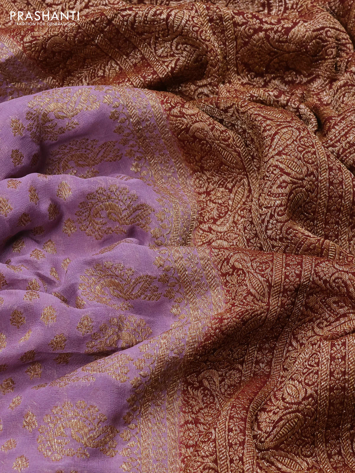 Banarasi georgette saree mild lavender and deep maroon with allover thread & zari woven buttas and woven border - Image 3