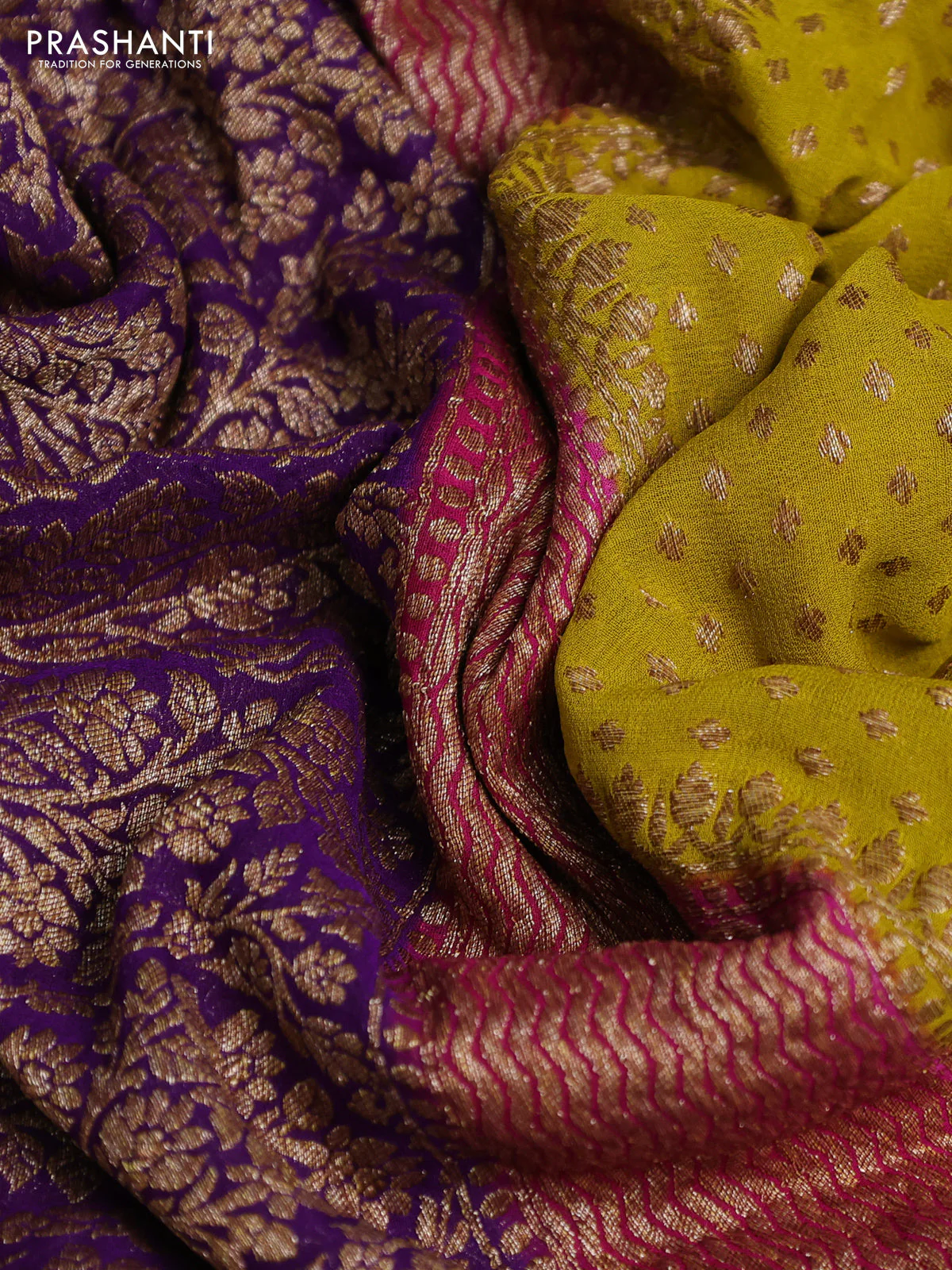 Banarasi georgette saree mustard shade and pink violet with allover thread & zari woven buttas and long woven border - Image 3