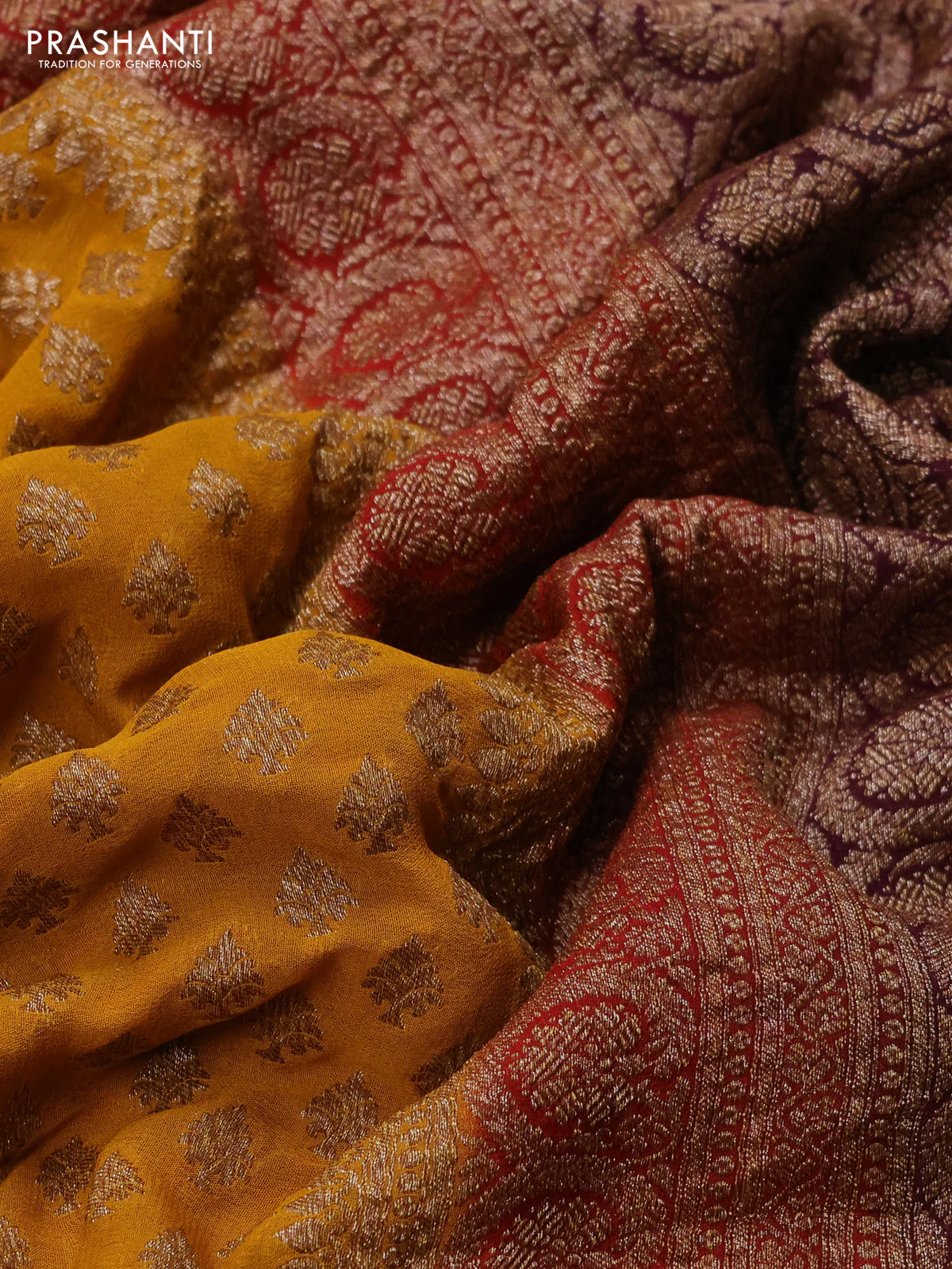 Banarasi georgette saree mustard yelllow and wine shade with allover thread & zari woven leheriya pattern and woven border - Image 3