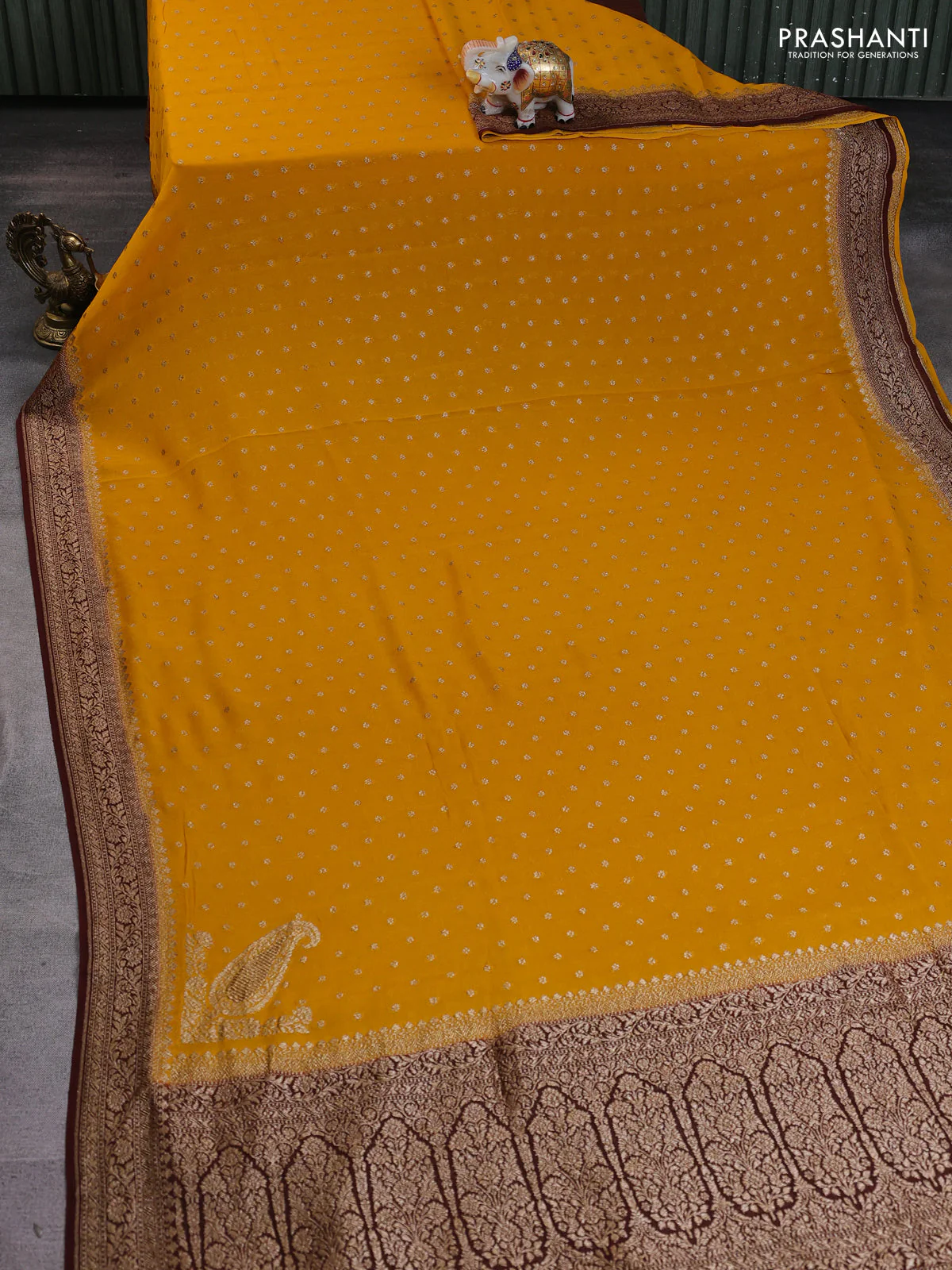 Banarasi georgette saree mustard yellow and brown with allover thread & zari woven buttas and woven border - Image 2