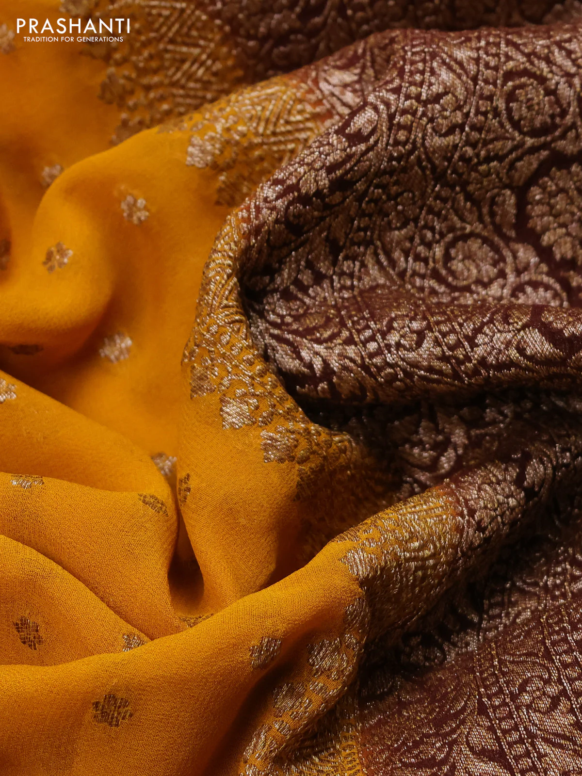 Banarasi georgette saree mustard yellow and brown with allover thread & zari woven buttas and woven border - Image 3