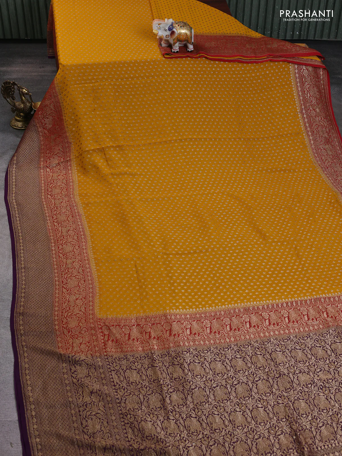 Banarasi georgette saree mustard yellow and maroon purple with allover thread & zari woven buttas and long woven border - Image 2