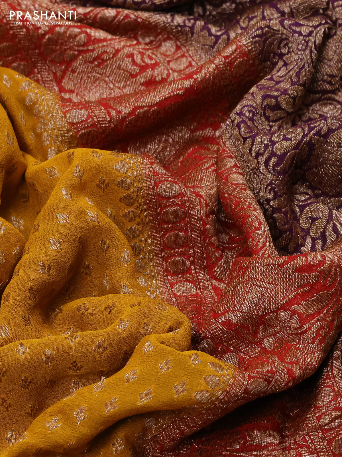 Banarasi georgette saree mustard yellow and maroon purple with allover thread & zari woven buttas and long woven border - Image 3