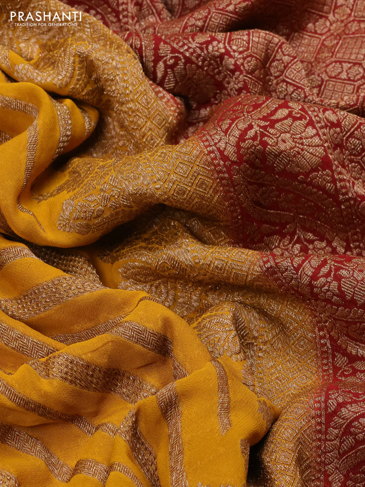 Banarasi georgette saree mustard yellow and maroon with allover thread & zari woven leheriya pattern and woven border - Image 3
