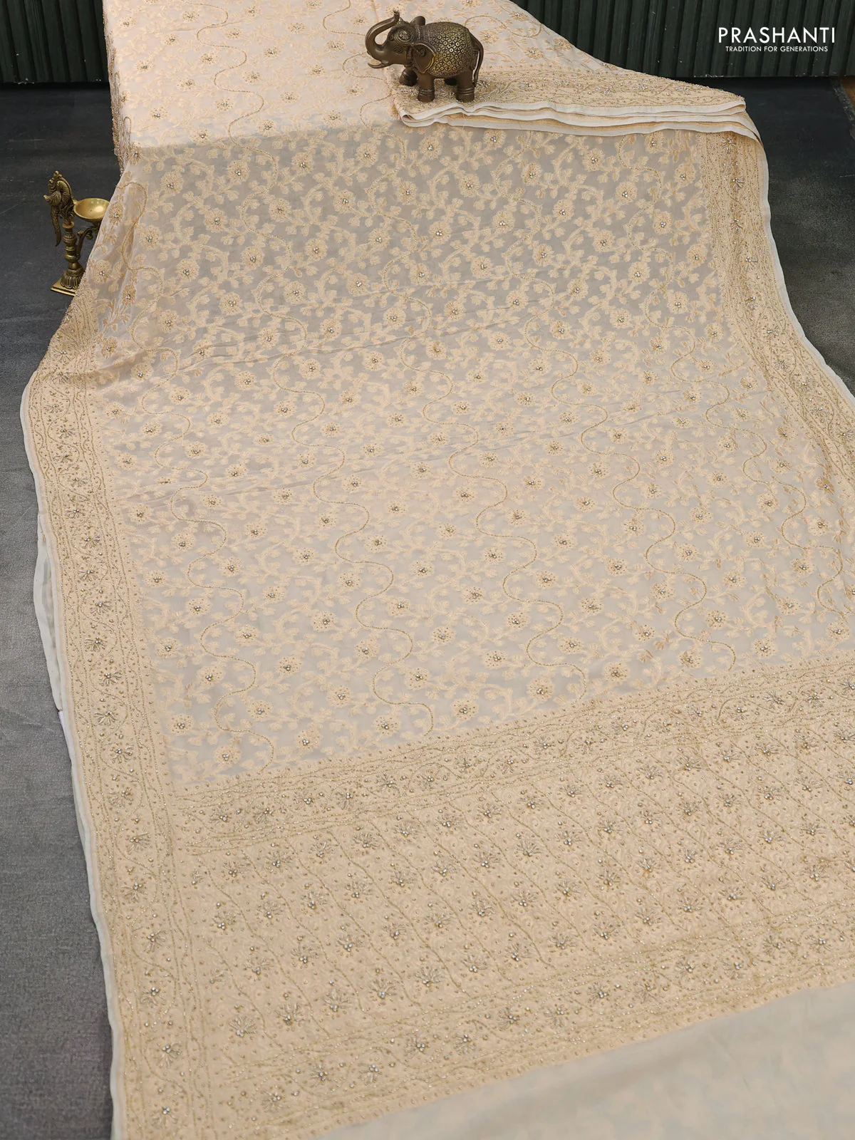 Banarasi georgette saree off white with allover jaal weaves & stone work and zardosi work border - Image 2
