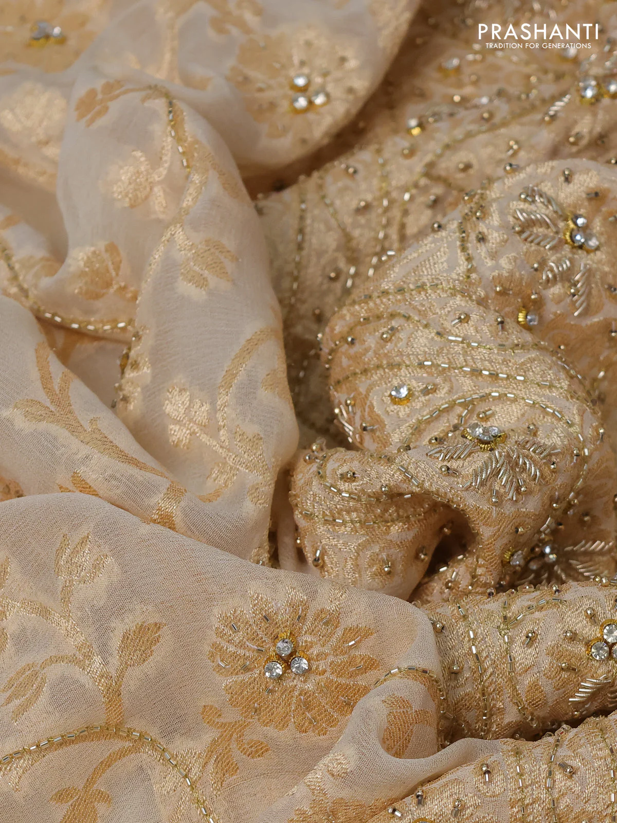 Banarasi georgette saree off white with allover jaal weaves & stone work and zardosi work border - Image 3