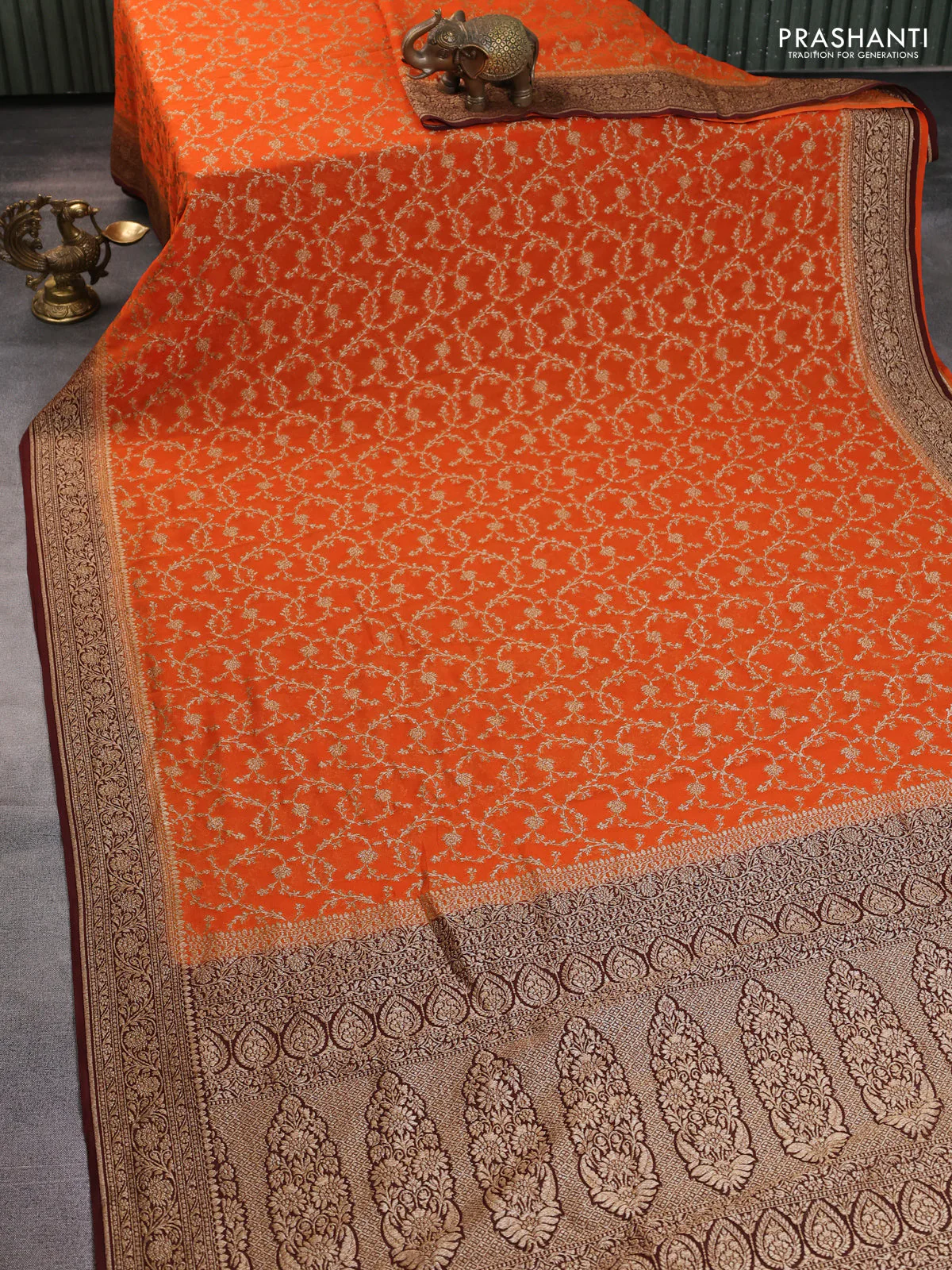 Banarasi georgette saree orange and brown with allover thread & zari weaves and woven border - Image 2