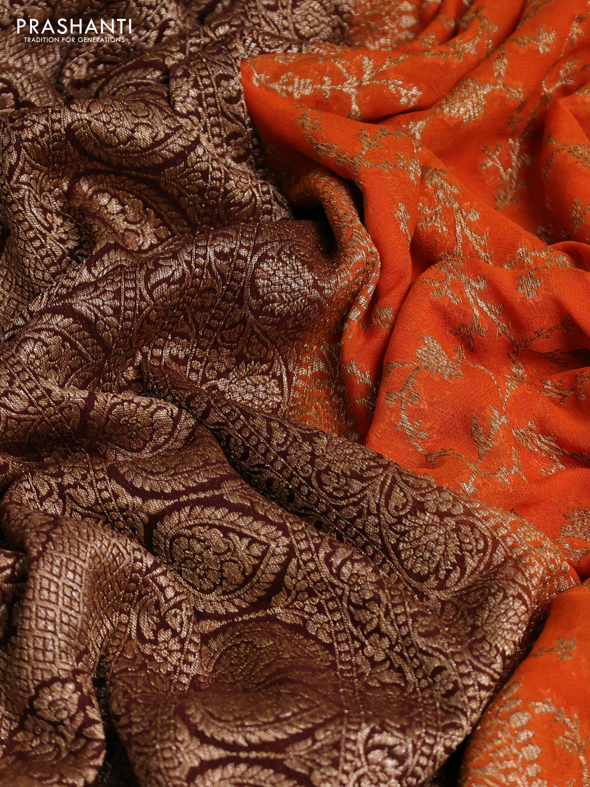 Banarasi georgette saree orange and brown with allover thread & zari weaves and woven border - Image 3