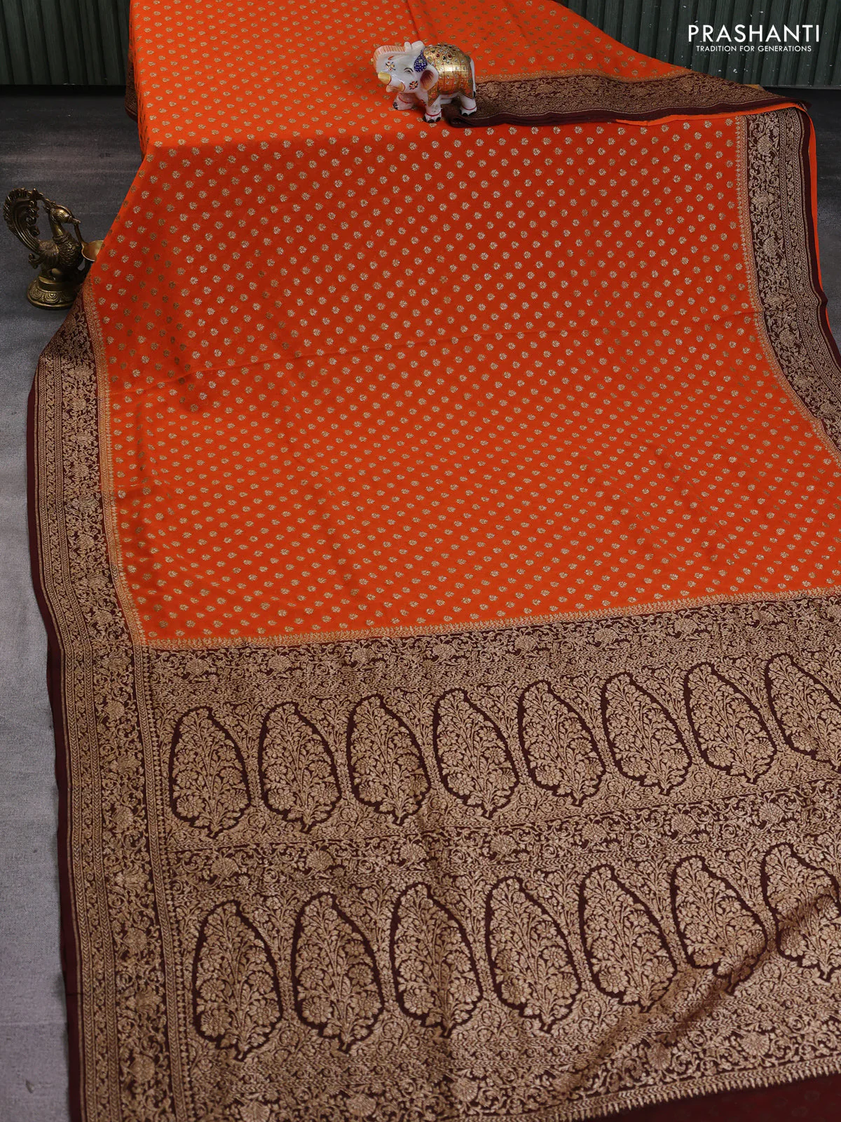 Banarasi georgette saree orange and brown with allover thread & zari woven buttas and woven border - Image 2