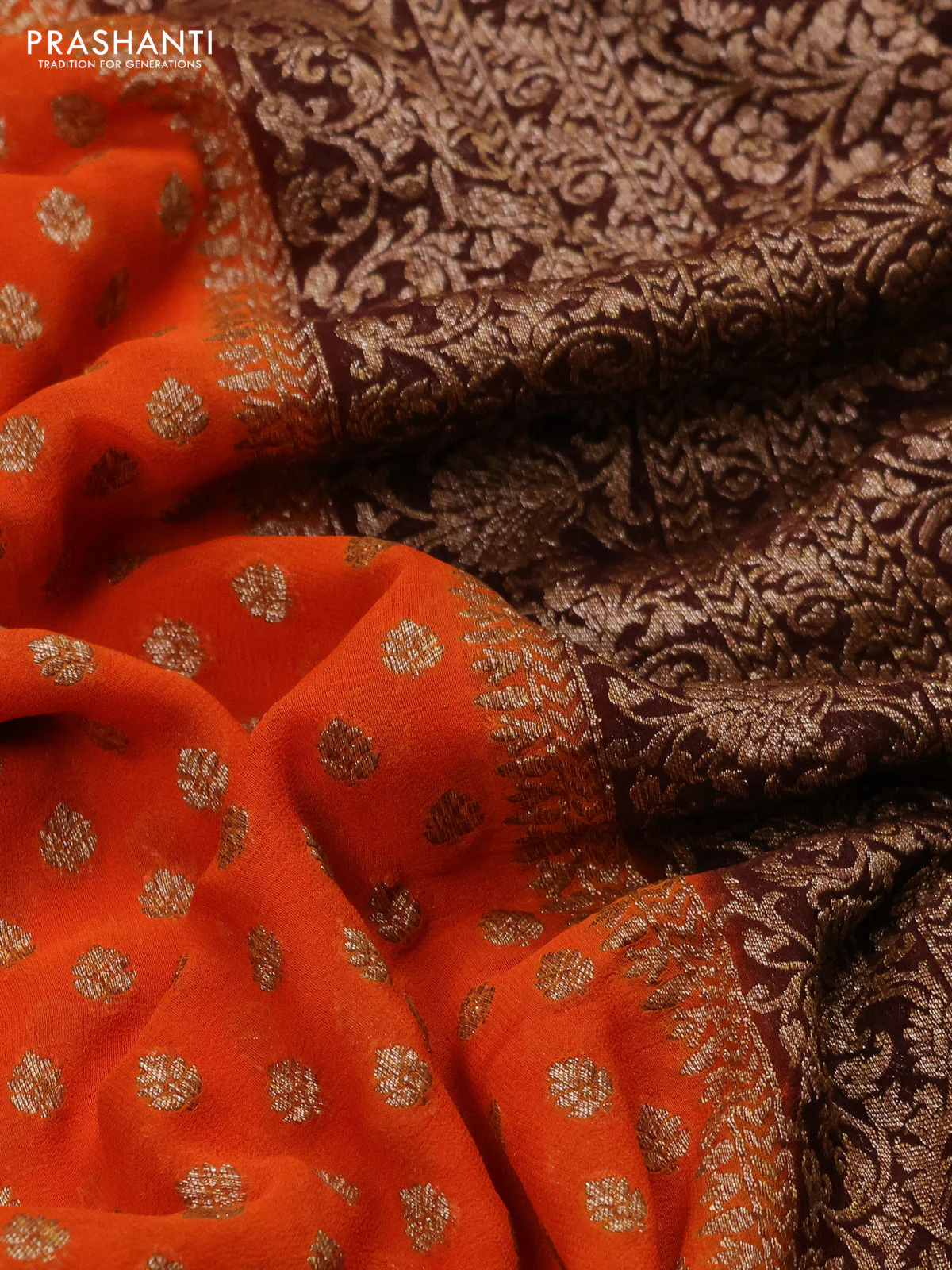 Banarasi georgette saree orange and brown with allover thread & zari woven buttas and woven border - Image 3