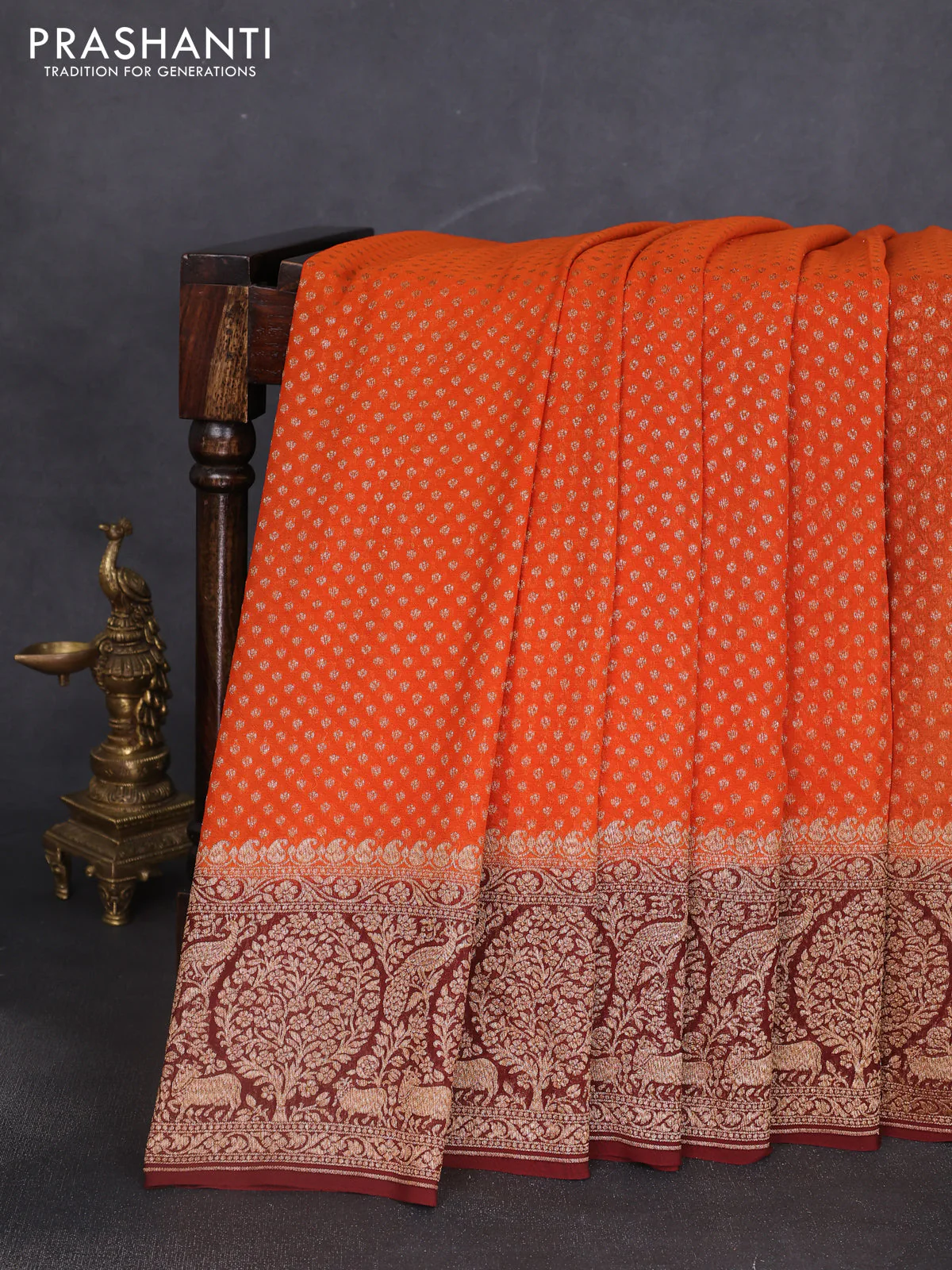 Banarasi georgette saree orange and deep maroon with allover thread & zari woven buttas and long woven border