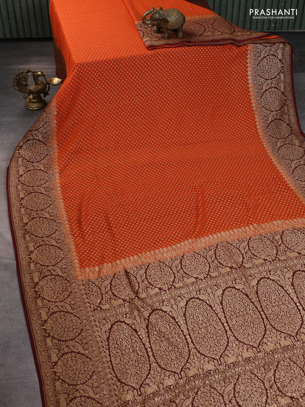Banarasi georgette saree orange and deep maroon with allover thread & zari woven buttas and long woven border - Image 2
