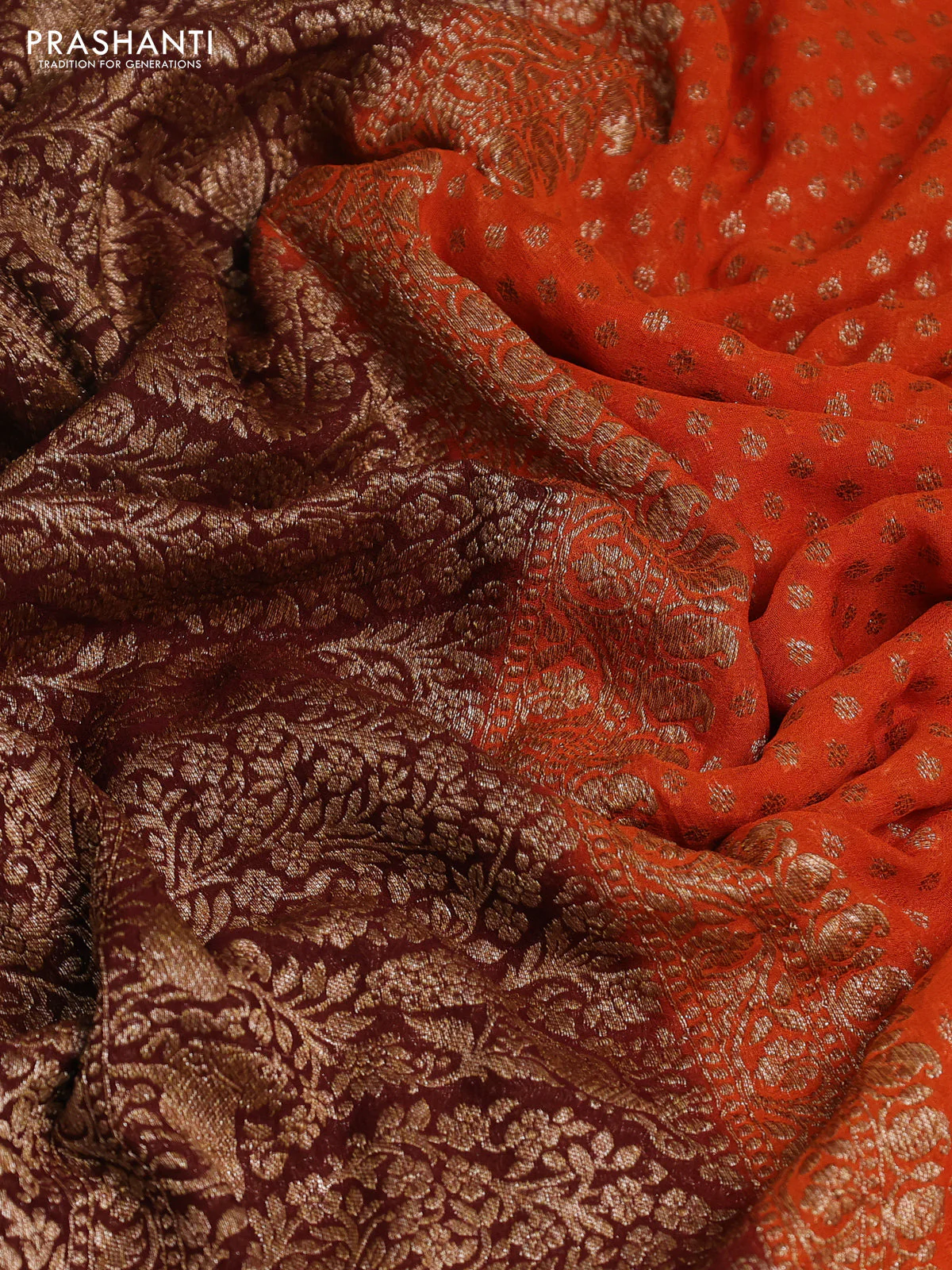 Banarasi georgette saree orange and deep maroon with allover thread & zari woven buttas and long woven border - Image 3