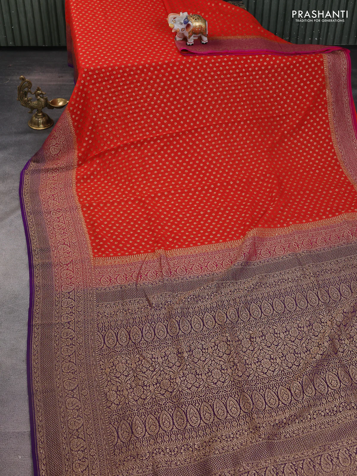 Banarasi georgette saree orange and pink violet with allover woven buttas and woven border - Image 2
