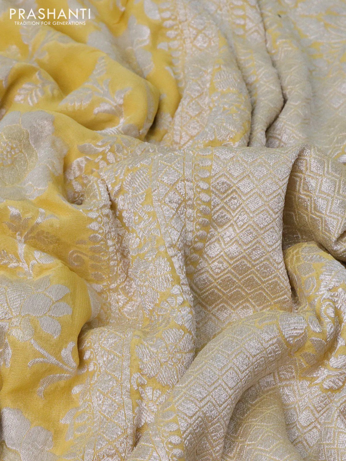 Banarasi georgette saree pale yellow with allover thread & zari woven floral weaves and woven border - Image 3
