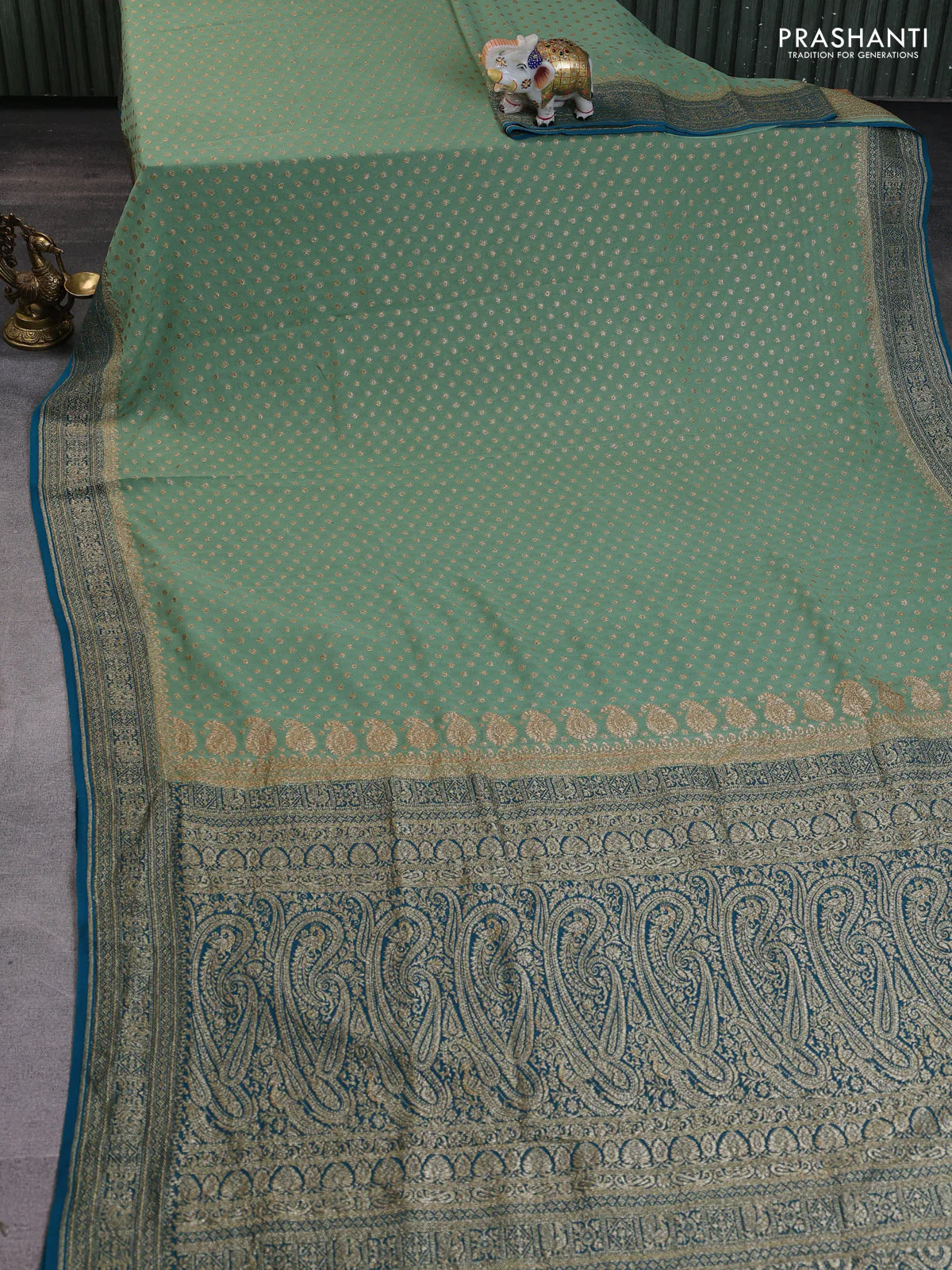 Banarasi georgette saree pastel green and peacock green with allover thread & zari woven buttas and woven border - Image 2