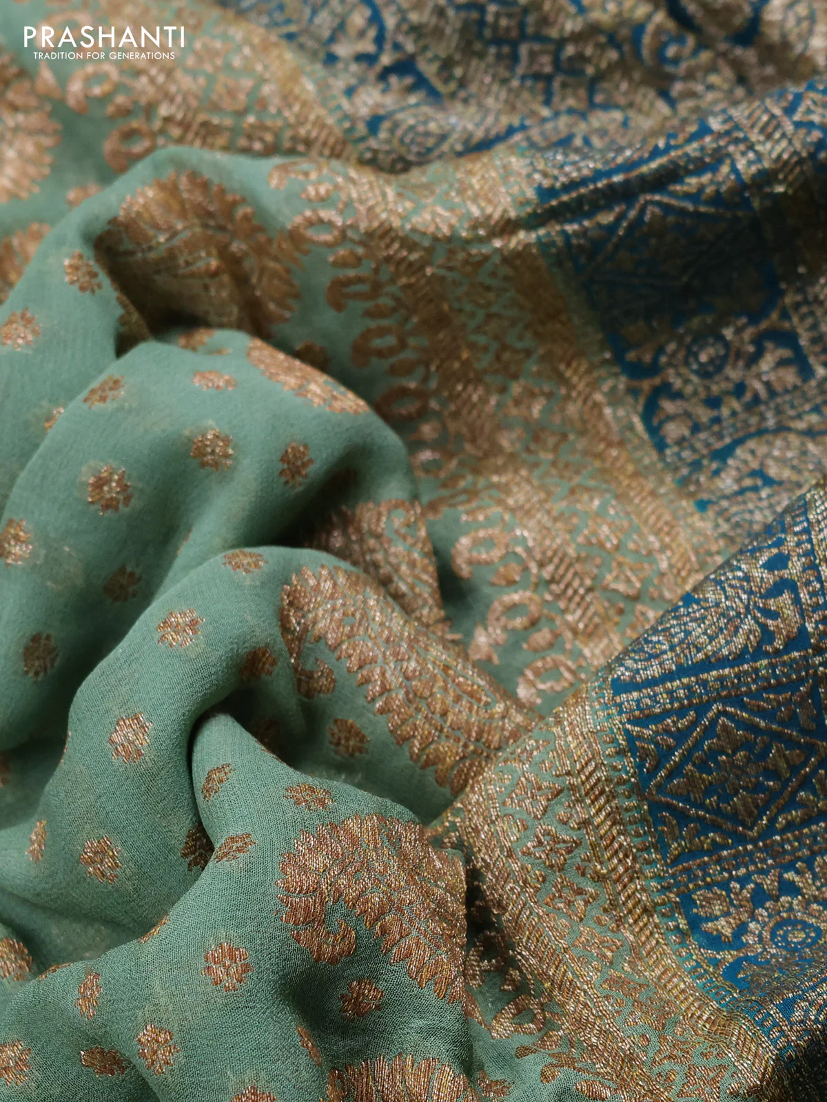 Banarasi georgette saree pastel green and peacock green with allover thread & zari woven buttas and woven border - Image 3