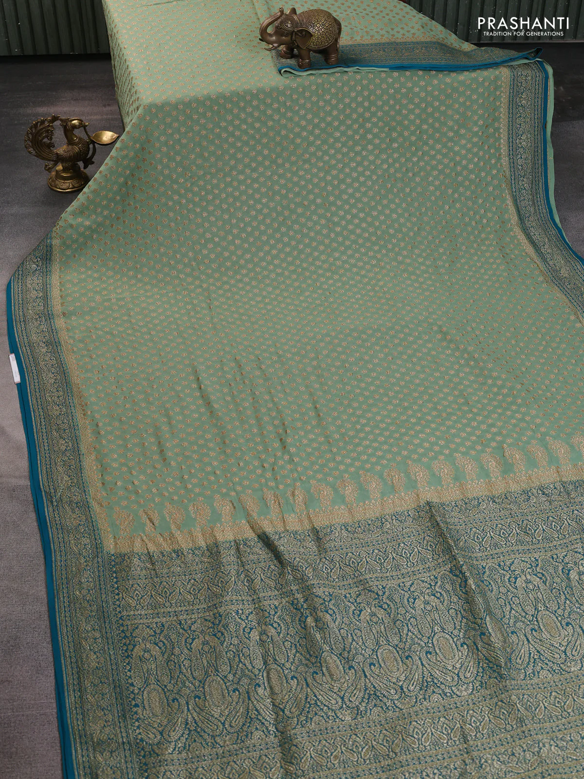 Banarasi georgette saree pastel green and teal green with allover thread & zari woven buttas and woven border - Image 2